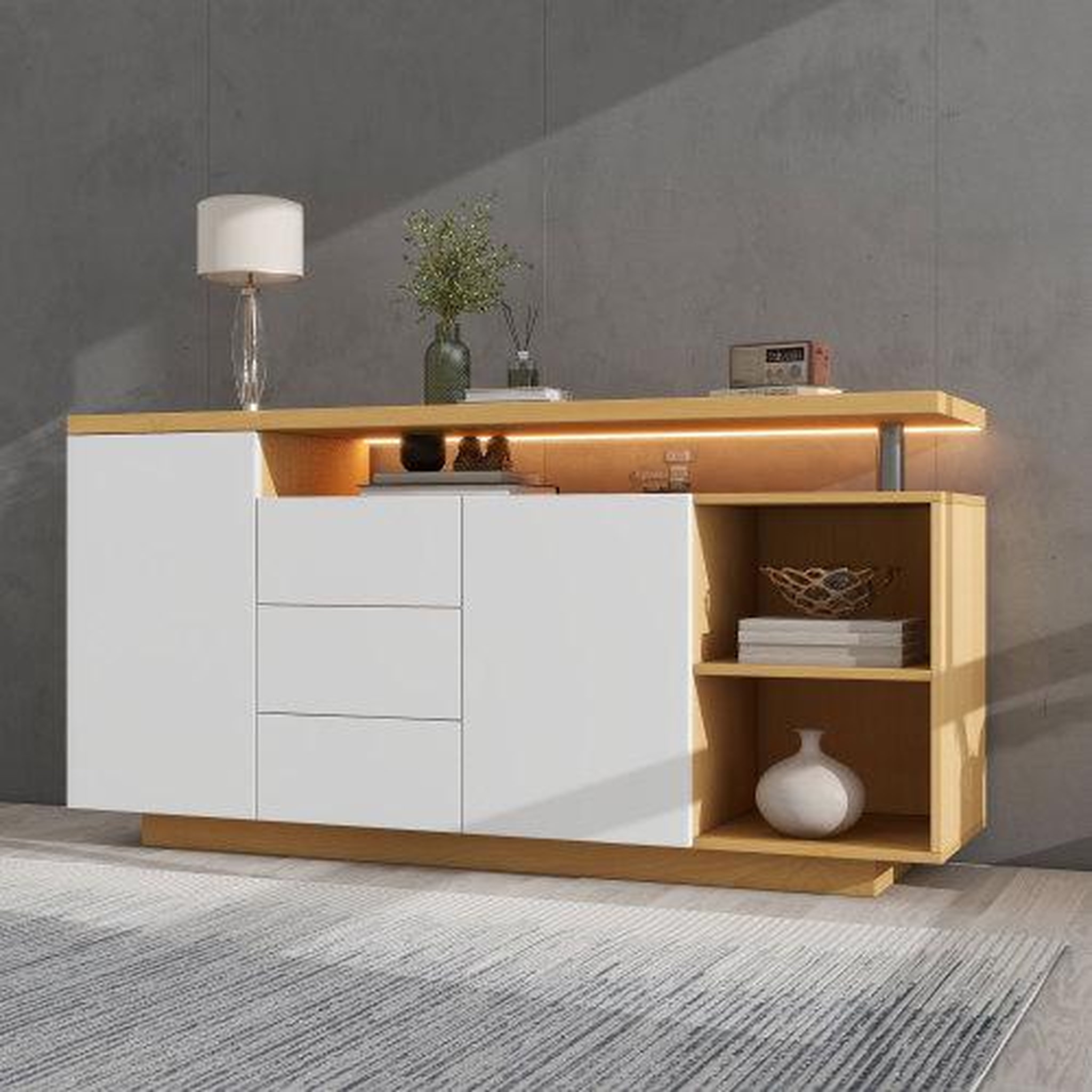 Voir la diapositive 4 : MERAX Buffet 2 porte(s) 3 tiroir(s) - 140 cm naturel+blanc led panneau de particules