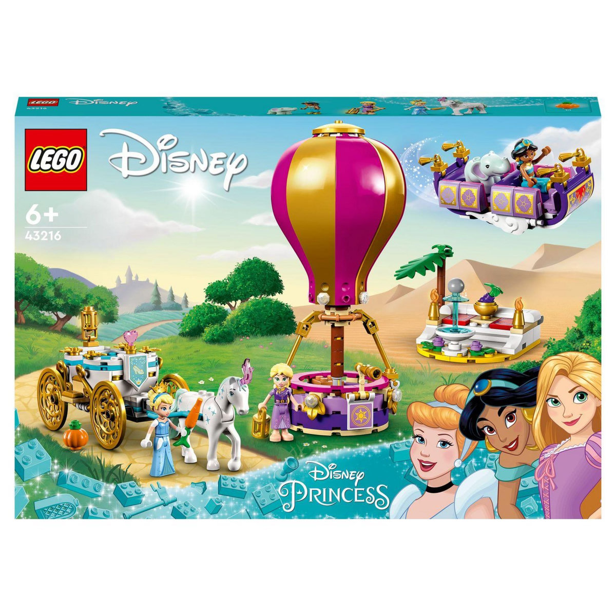 LEGO Disney Princess 43216 Le voyage enchanté des princesses, Jouet avec Mini-Poupées Cendrillon, Jasmine, Raiponce avec Cheval, Tapis volant