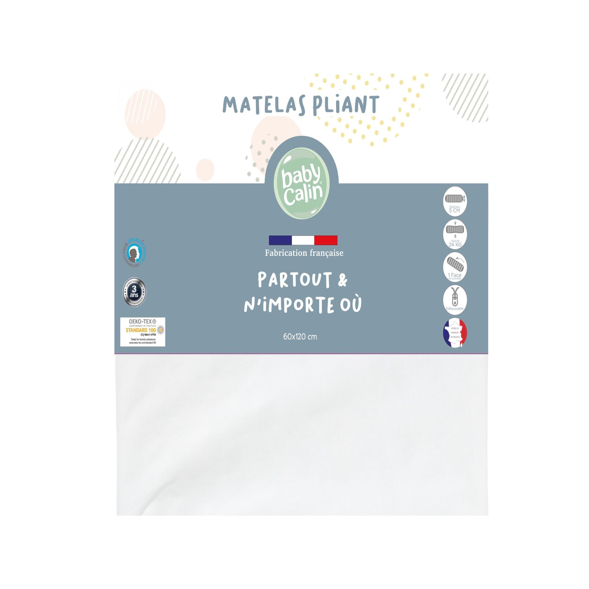 Voir la diapositive 3 : BABYCALIN Matelas bébé pliable 60 x 120 cm - 100 % polypropylène - Blanc