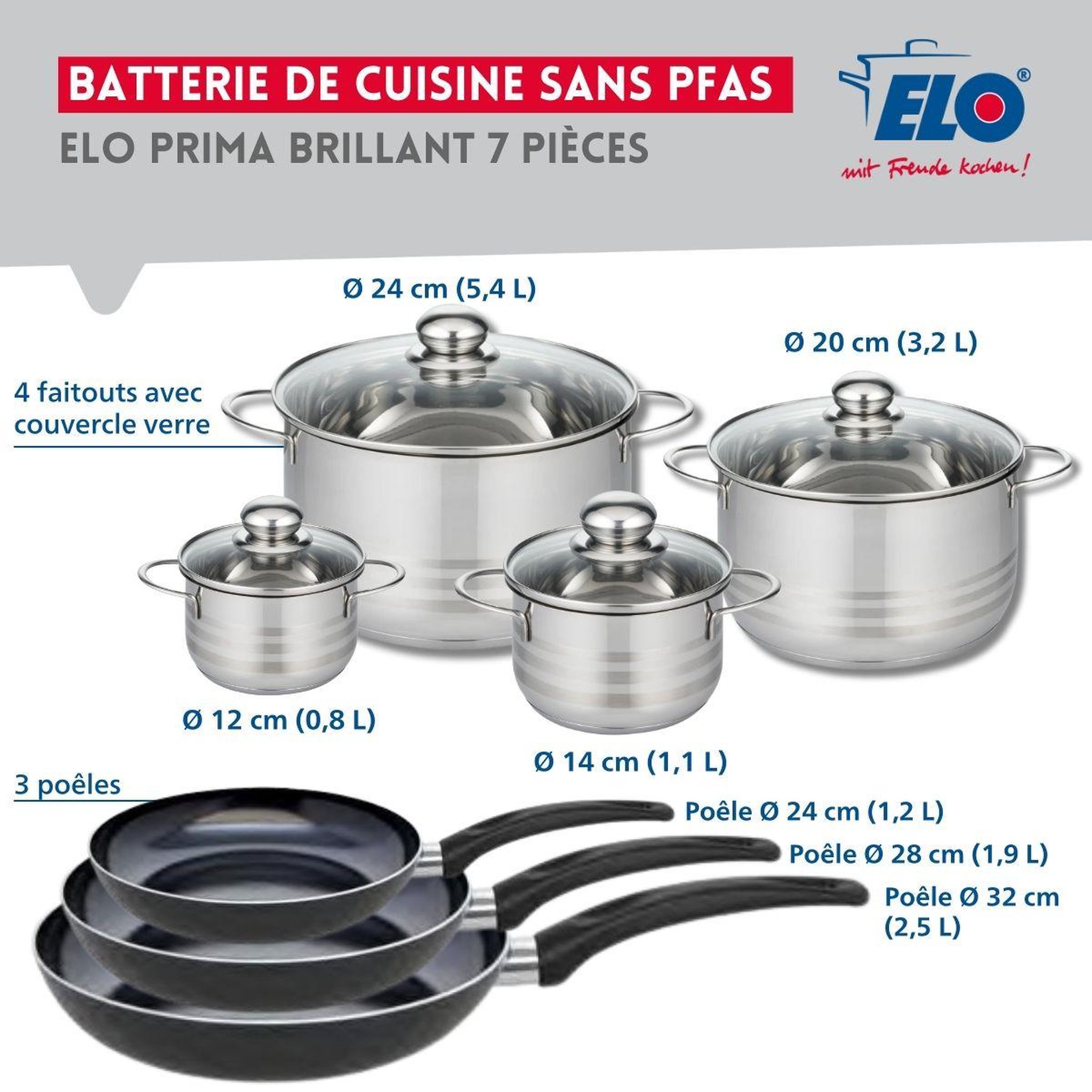 Voir la diapositive 2 : ELO Ensemble de 3 poêles de cuisson 24, 28 et 32 cm et 4 faitouts 12, 14, 20 et 24 cm elo prima brillant