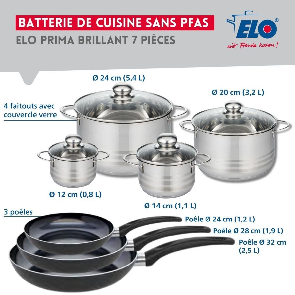 ELO Ensemble de 3 Poêles de cuisson 24, 28 et 32 cm et 4 faitouts 12, 14, 20 et 24 cm Elo Prima Brillant
