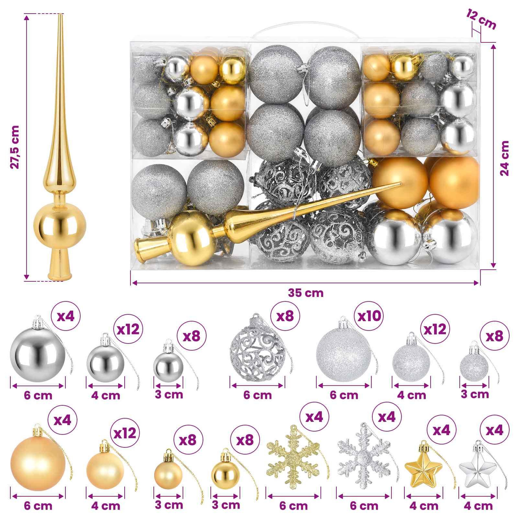 Voir la diapositive 3 : VIDAXL Ensemble de boules de Noël 111 pc Argente et dore Diam. 6 cm