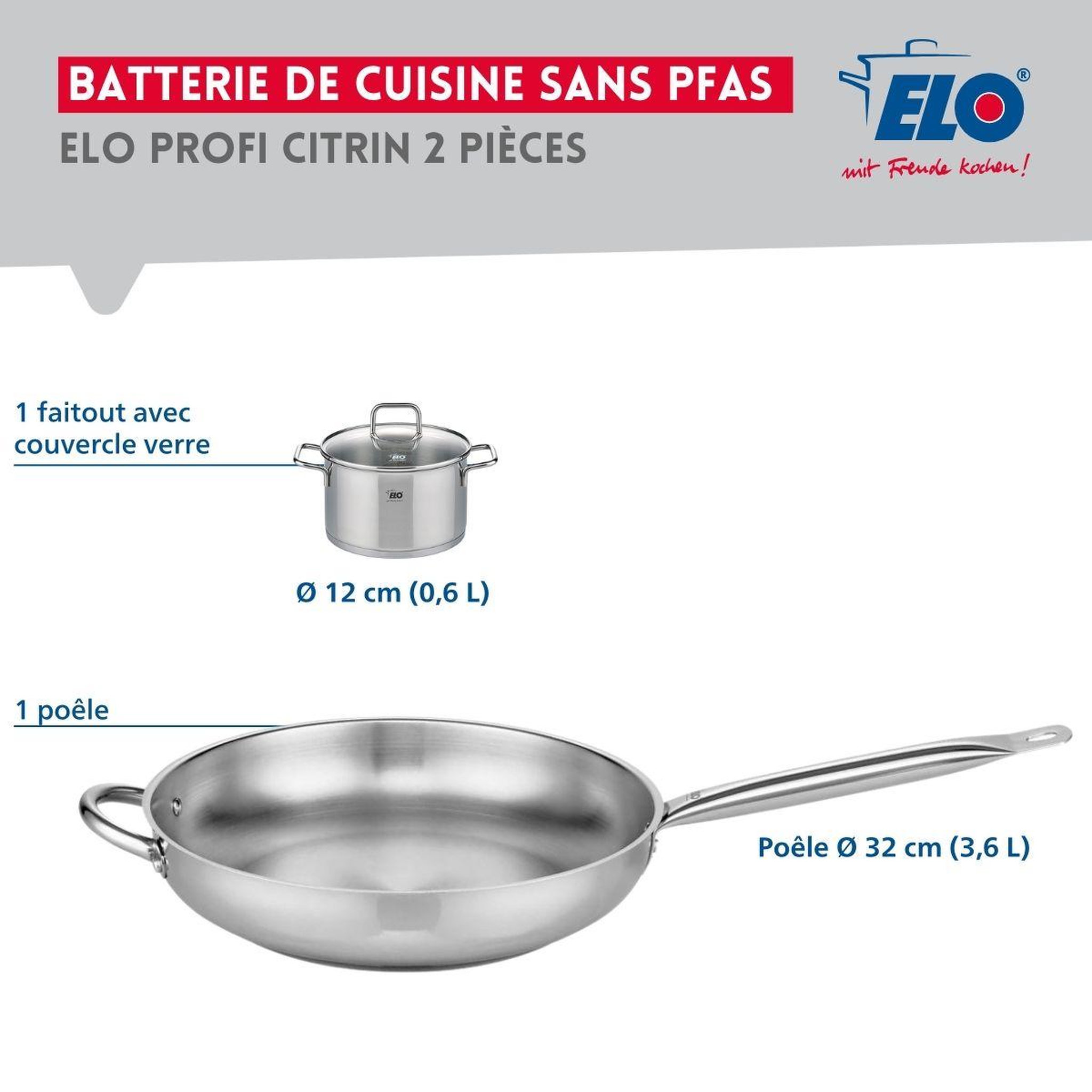 Voir la diapositive 2 : ELO Ensemble de 1 Poêle de cuisson 32 cm et 1 faitout 12 cm Elo Profi Citrin