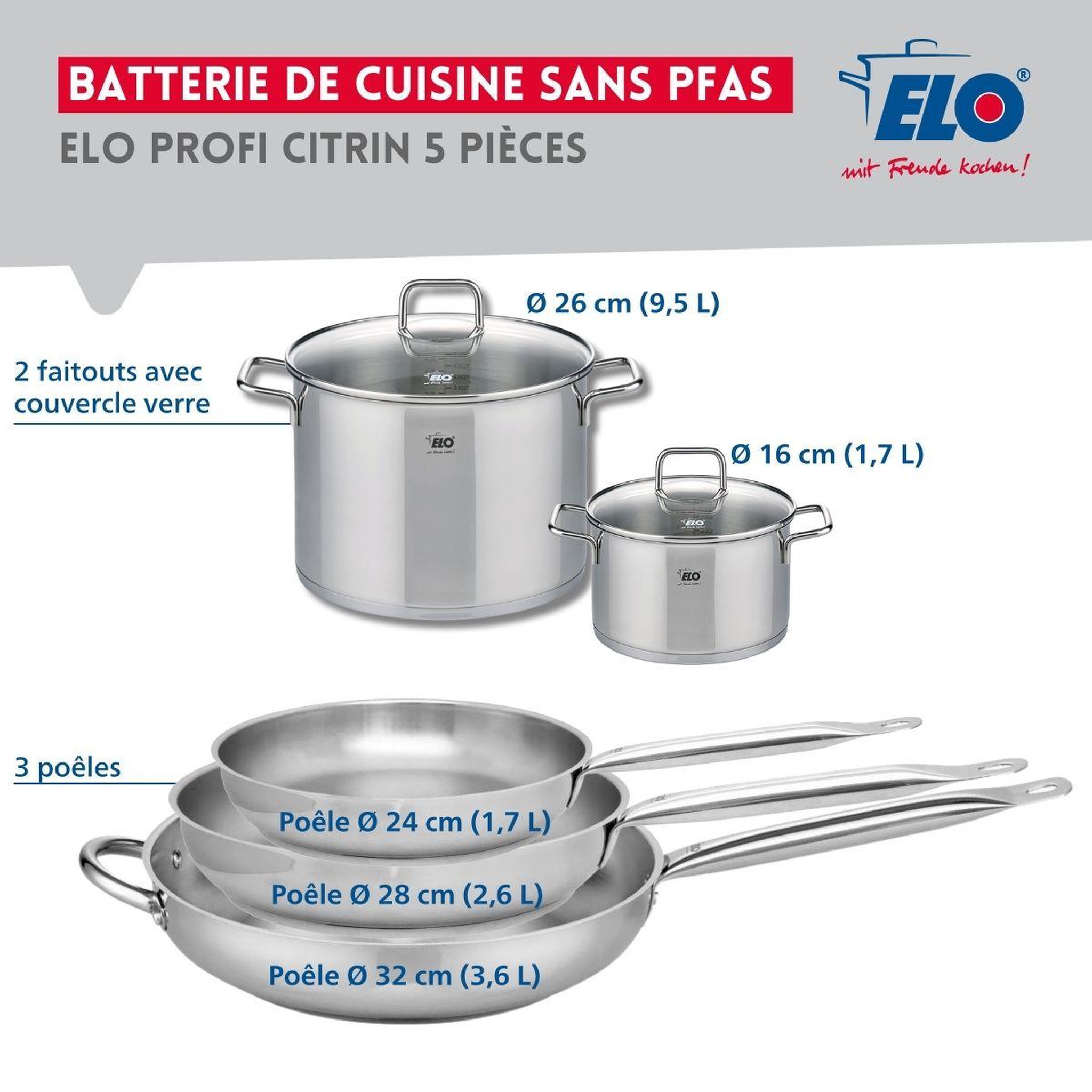 Voir la diapositive 2 : ELO Ensemble de 3 poêles de cuisson 24, 28 et 32 cm et 2 faitouts 16 et 26 cm elo profi citrin