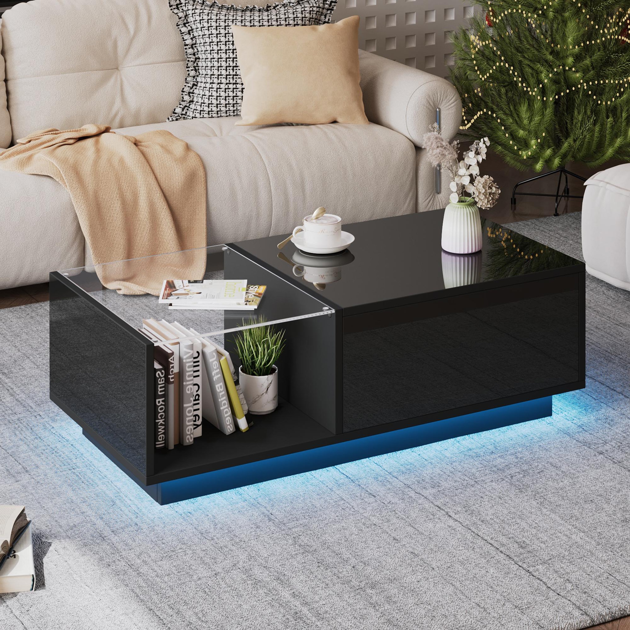 Voir la diapositive 3 : MERAX Table Basse Avec 1 Plateau Réglable Et LED 100 X 50 X 46.5cm