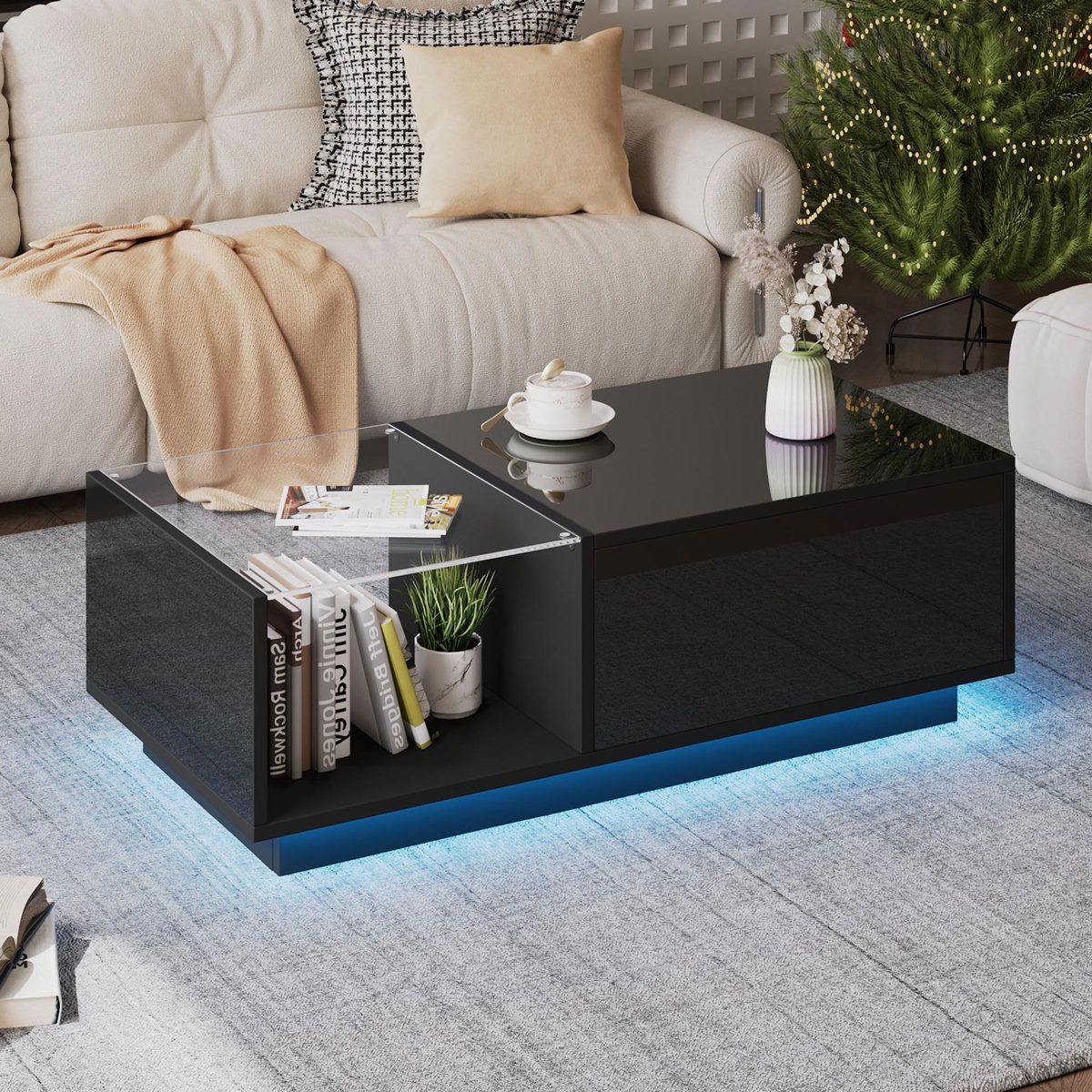 MERAX Table Basse Avec 1 Plateau Réglable Et LED 100 X 50 X 46.5cm