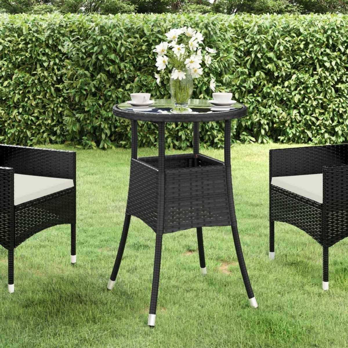 VIDAXL Table de jardin Ø60x75 cm Verre trempe/resine tressee Noir