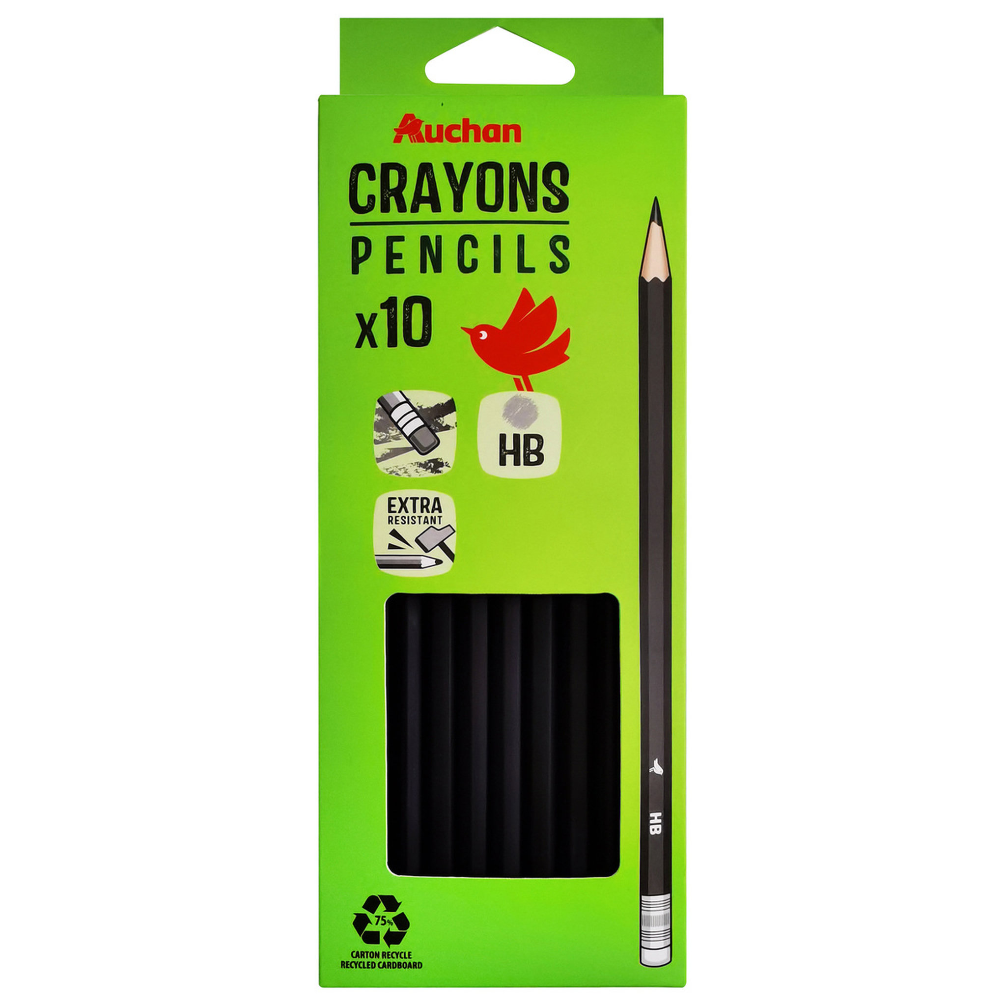 AUCHAN Lot de 10 crayons graphite HB avec bout gomme