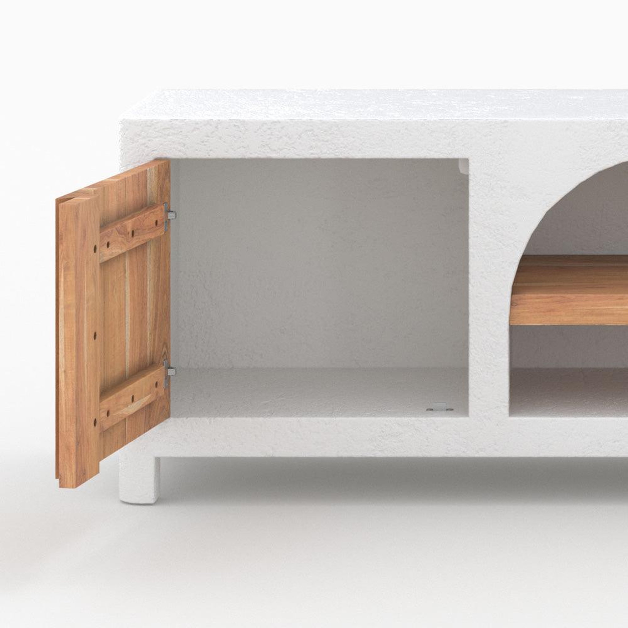 Voir la diapositive 6 : MAISON PAVANE Meuble tv en plâtre blanc cassé et bois d'acacia 145 cm-fira