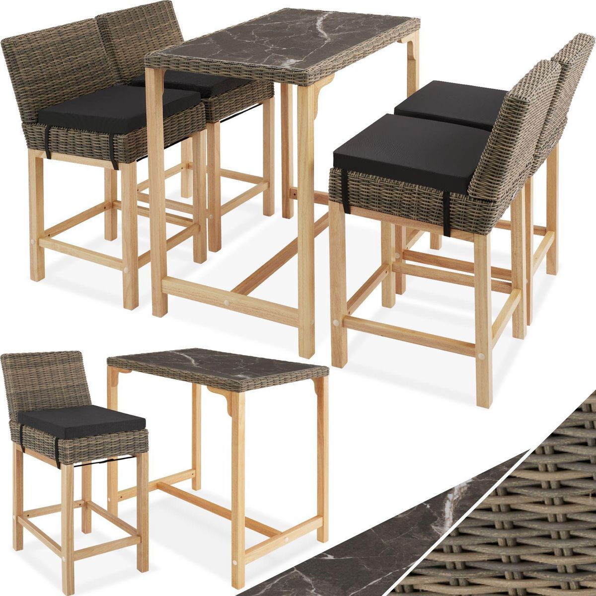 tectake Ensemble table en rotin avec 4 chaises avec cadre en aluminium marron naturel