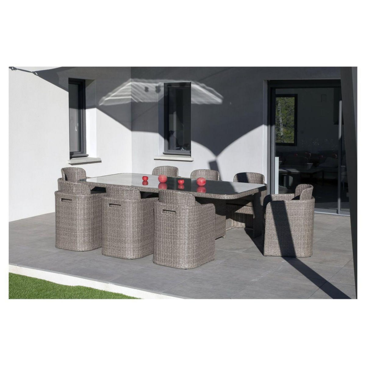 Salon repas de jardin 8 personnes en résine tréssée LAVANDE + housse