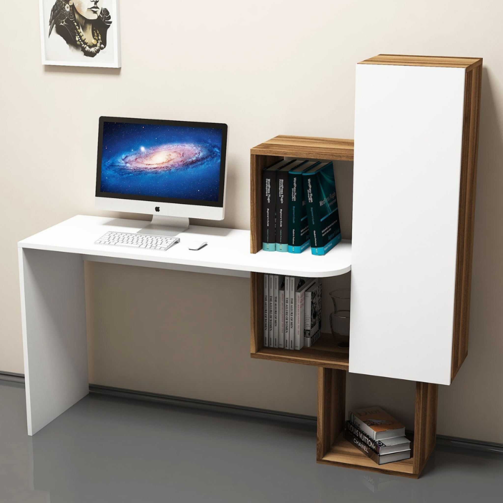 Voir la diapositive 4 : CONCEPT USINE Bureau fonctionnel 6 rangements - bois et blanc turku