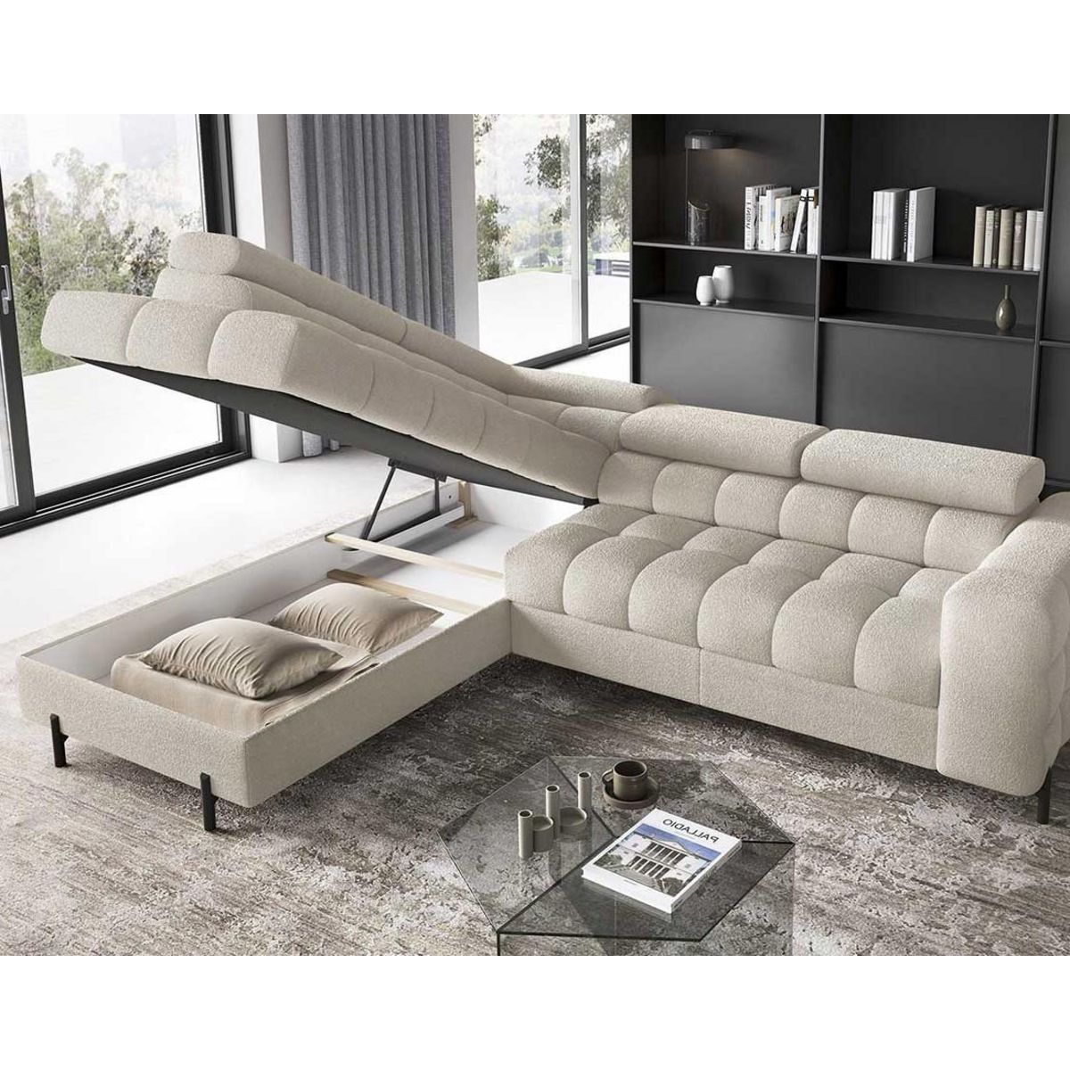 BEST MOBILIER Elisa - canapé d'angle gauche 5 places convertible avec coffre et têtières réglables en tissu bouclette