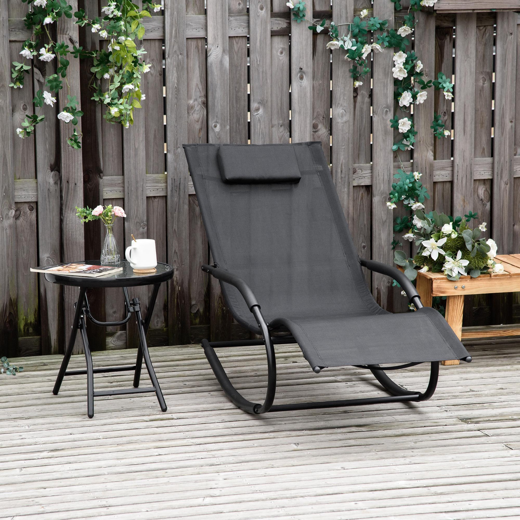 Voir la diapositive 2 : OUTSUNNY Chaise longue à bascule - rocking chair design - tétière, accoudoirs, assise dossier ergonomique - métal époxy textilène noir