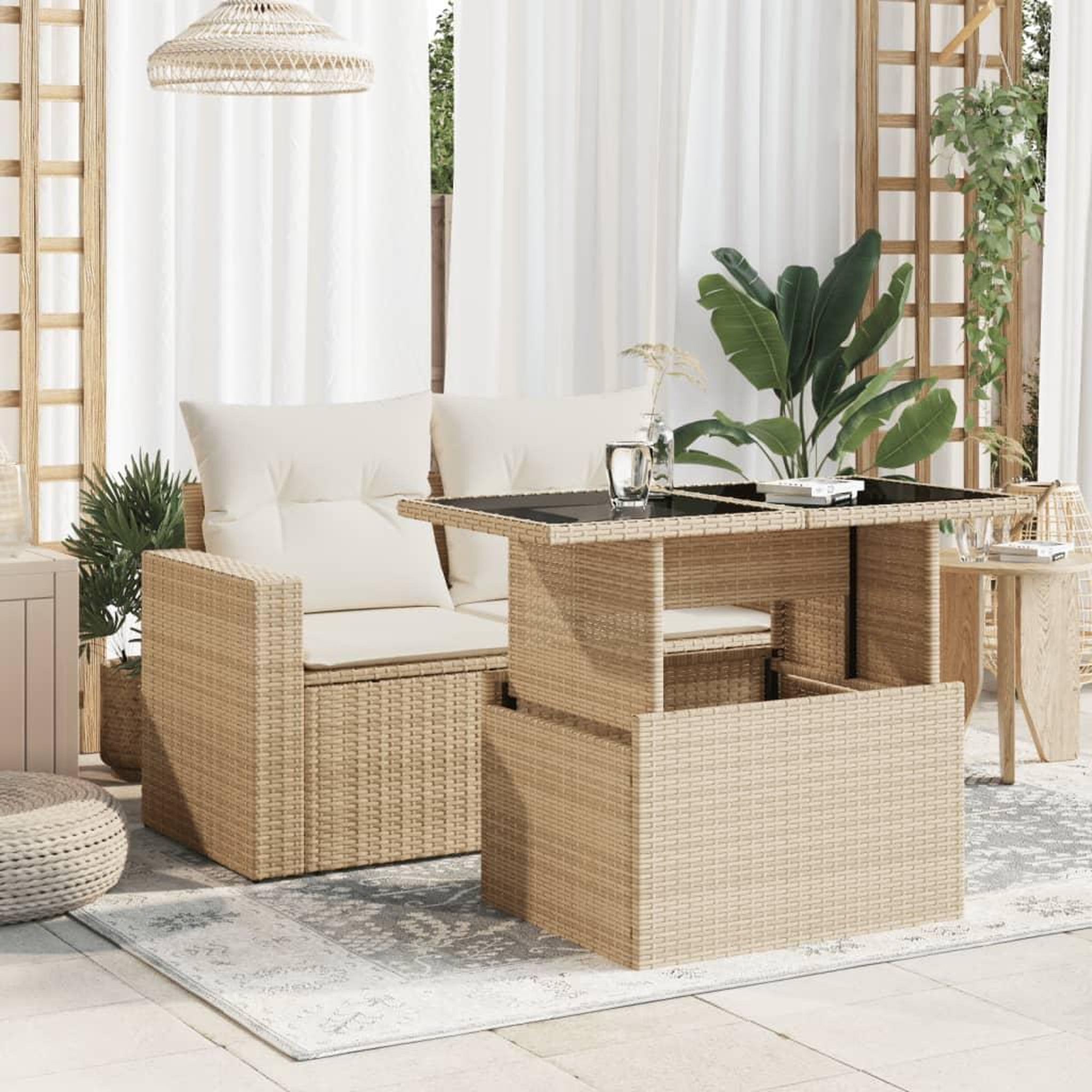 Voir la diapositive 3 : VIDAXL Table de jardin dessus en verre beige 100x55x73 cm poly rotin