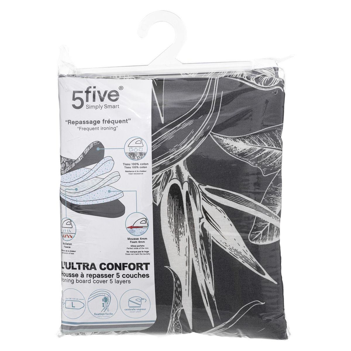 FIVE Housse à repasser 5 couches imprimé tropical - Noir et blanc