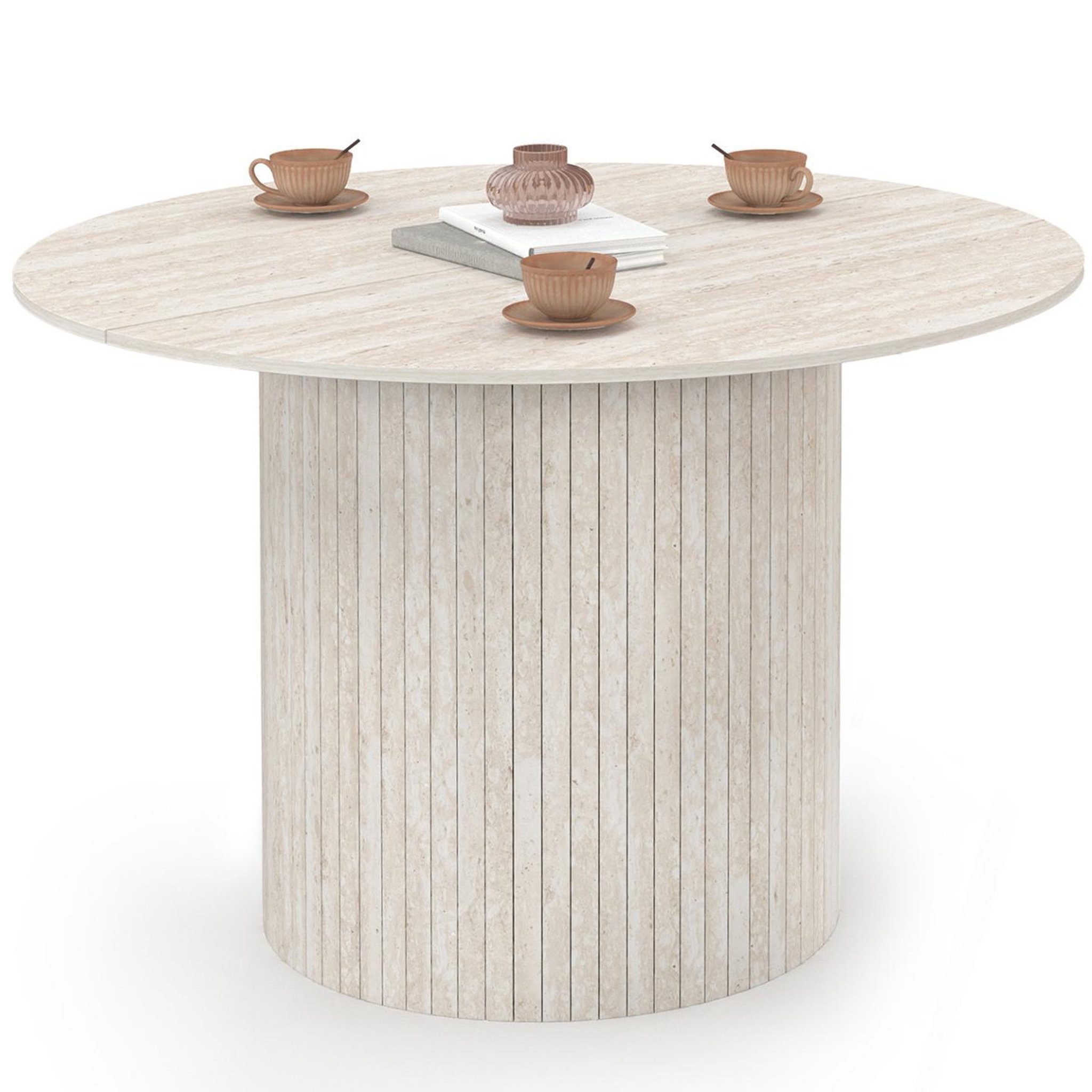ID MARKET Table à manger ronde juliette 6 personnes pied central effet lattes façon travertin 110 cm