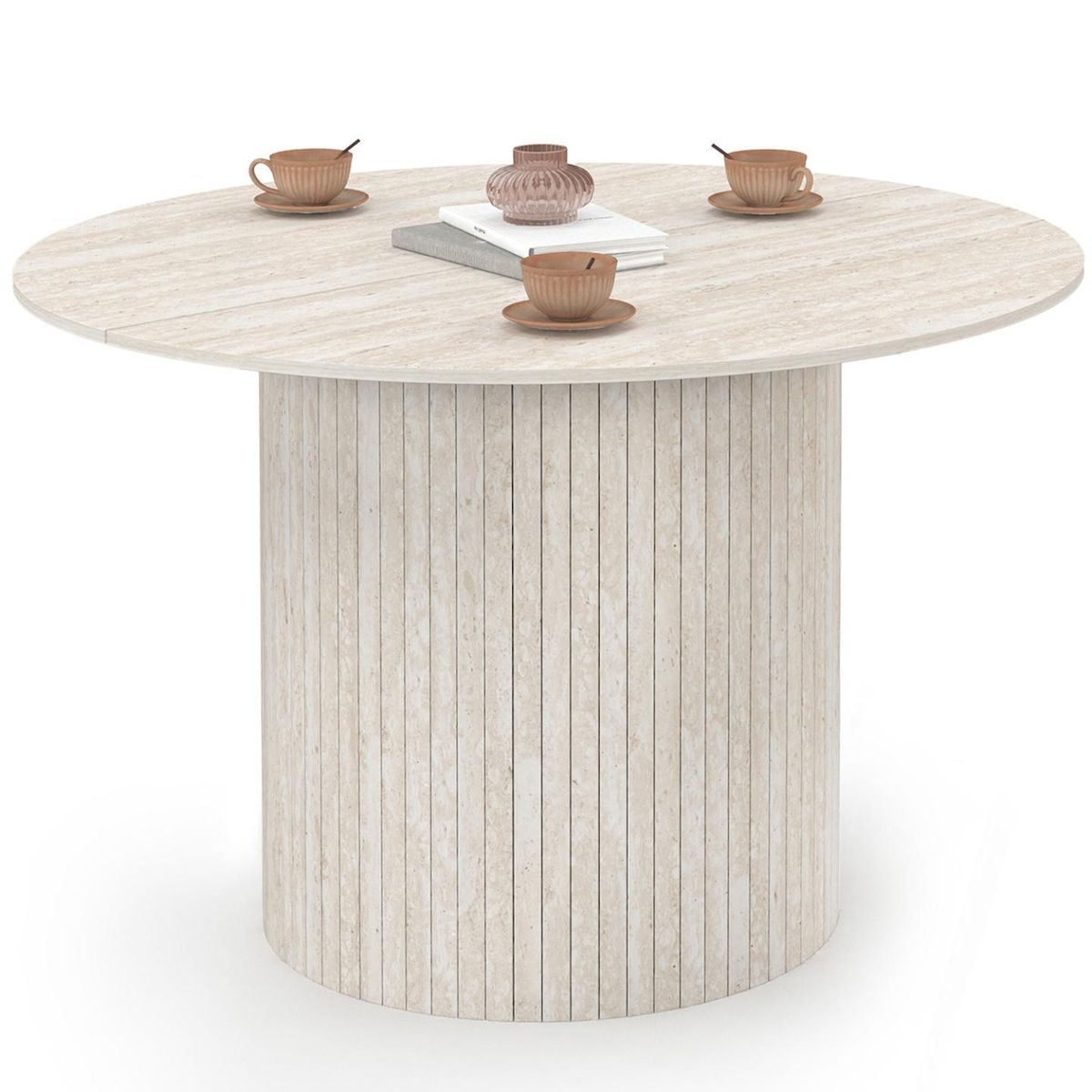 ID MARKET Table à manger ronde JULIETTE 6 personnes pied central effet lattes façon travertin 110 cm