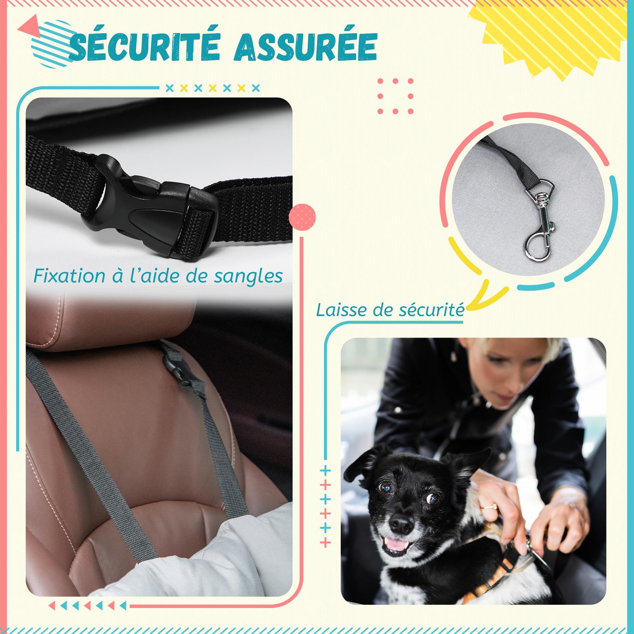 Voir la diapositive 6 : PAWHUT Sac de transport pour chien chat - siège auto pour chien chat - housse de siège pour chien chat - déhoussable, sangles ajustables, attache - coton gris