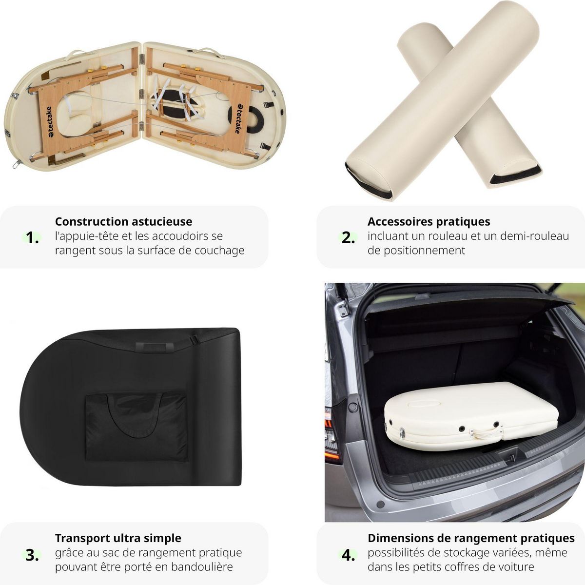 tectake Table de massage portable pliante à 3 zones confortable Largeur 70 cm et rembourrage 5 cm beige
