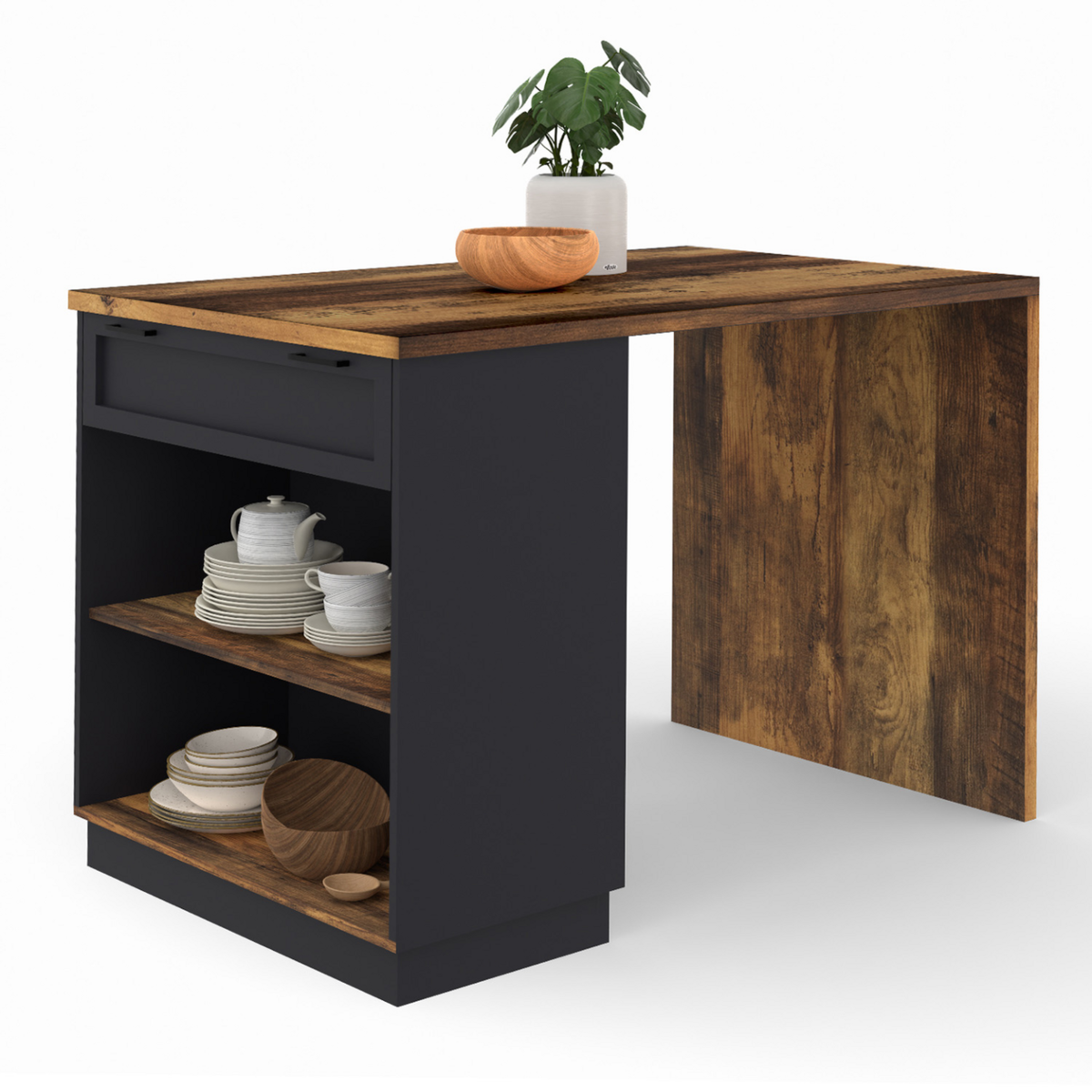 ID MARKET Ilot central mange-debout 4 personnes VITO 130 cm noir et effet bois foncé HAWKINS