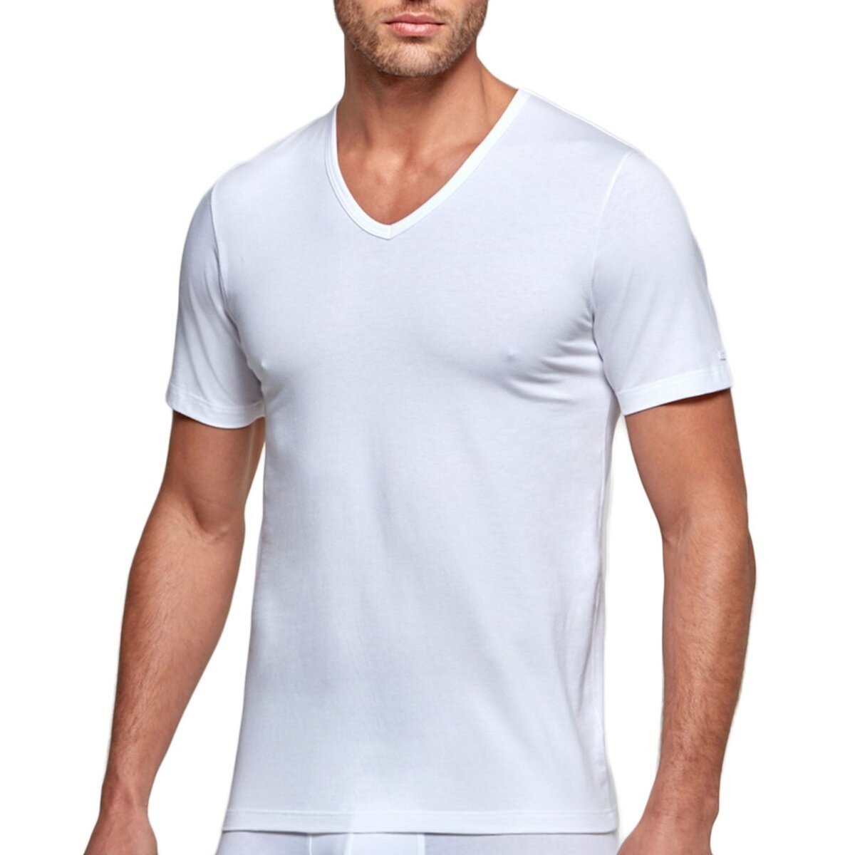  T-shirt homewear col V coton stretch Essentials blanc