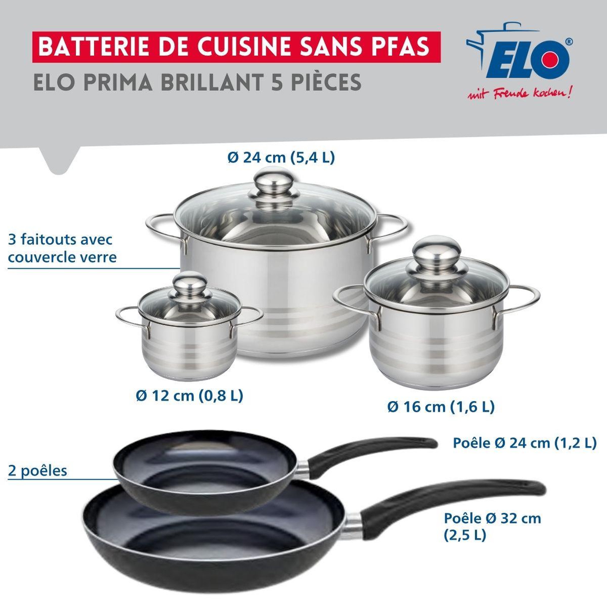 Voir la diapositive 2 : ELO Ensemble de 2 poêles de cuisson 24 et 32 cm et 3 faitouts 12, 16 et 24 cm elo prima brillant