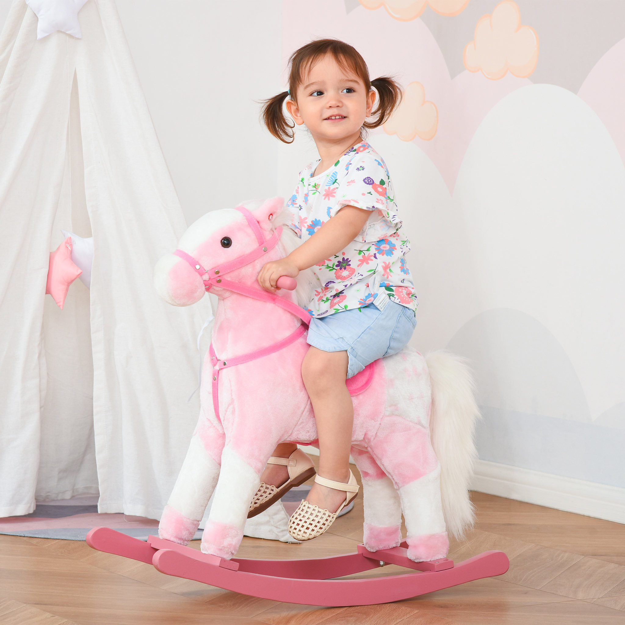 Voir la diapositive 2 : HOMCOM Cheval à bascule cheval de cowboy effet sonore selle rênes rose blanc