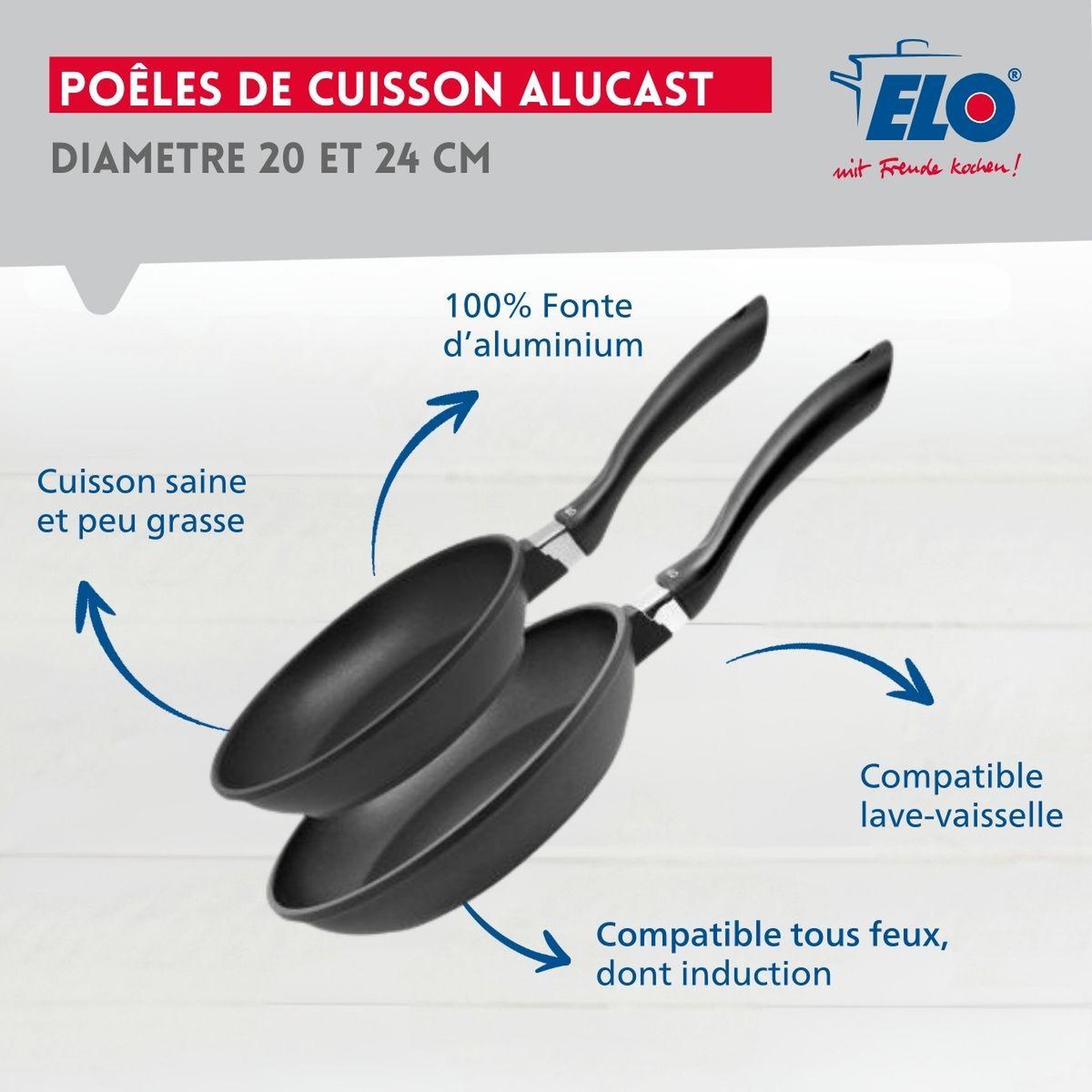 Voir la diapositive 3 : ELO Lot de 2 poêles 20 cm et 24 cm sans pfas elo alucast