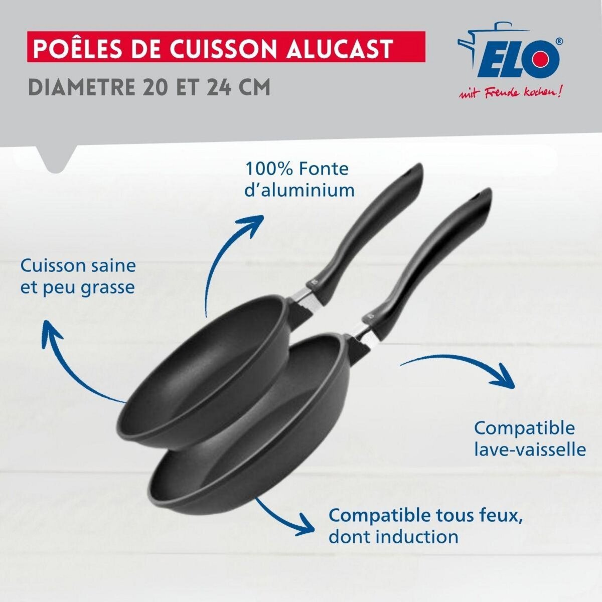 ELO Lot de 2 poêles 20 cm et 24 cm sans PFAS Elo Alucast
