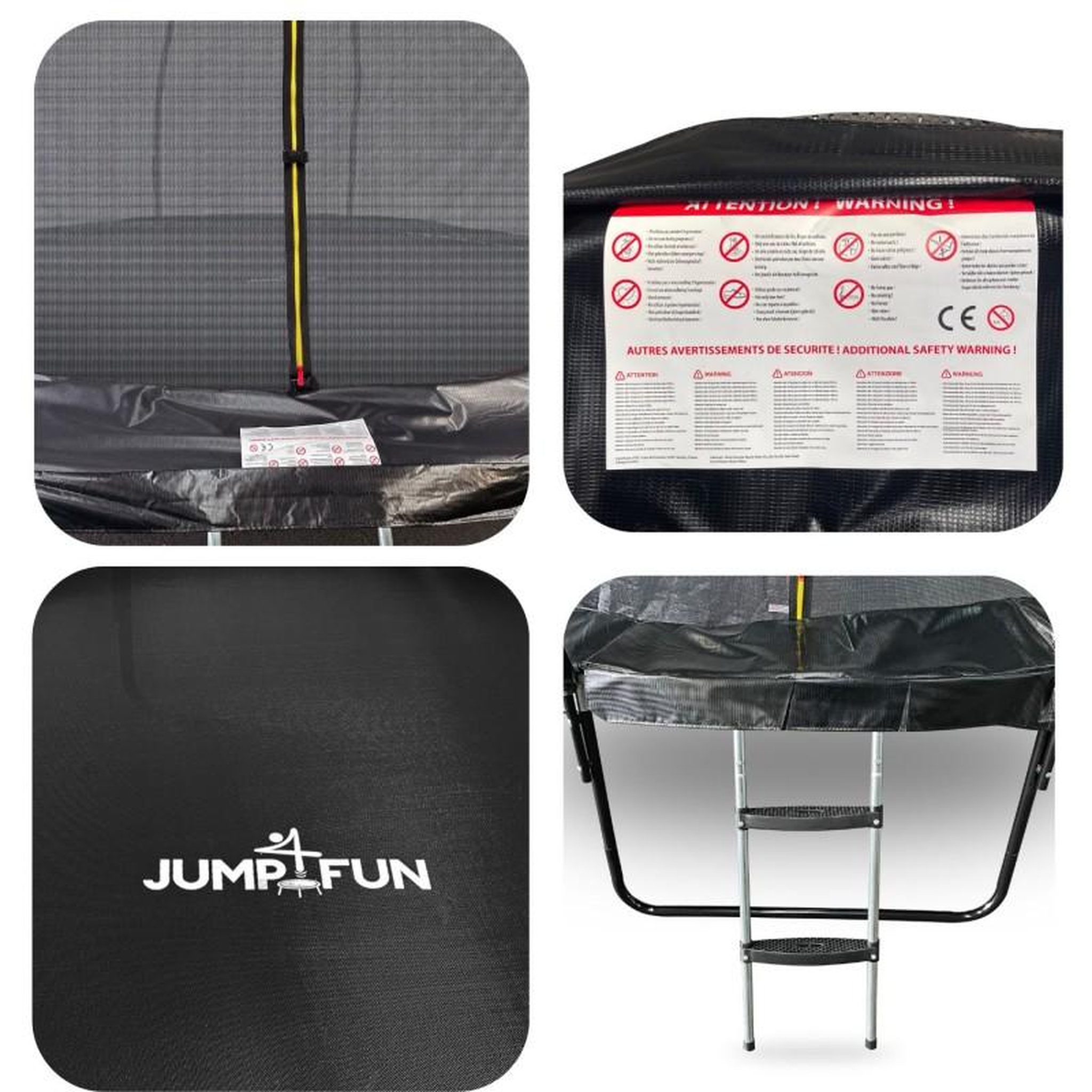 Voir la diapositive 3 : JUMP4FUN Trampoline 8Ft ø244cm noire avec Echelle, Protection et Filet de sécurité