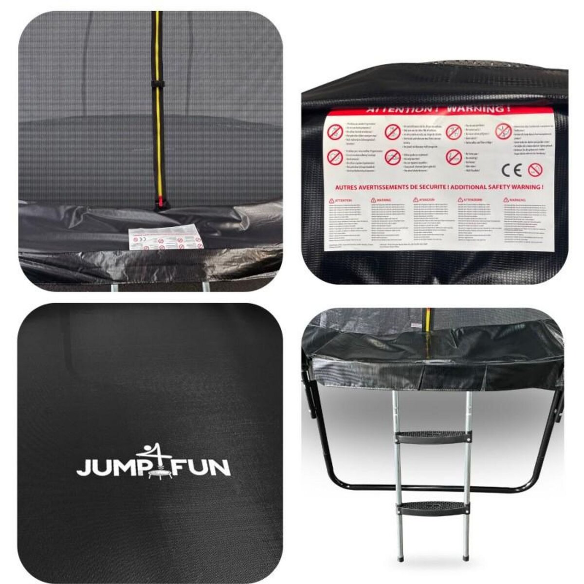 JUMP4FUN Trampoline 8Ft ø244cm noire avec Echelle, Protection et Filet de sécurité