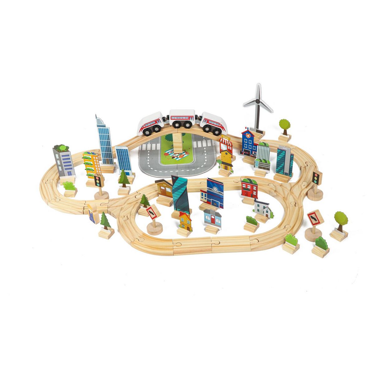 One Two Fun Train circuit avec accessoires - 90 pièces - en bois