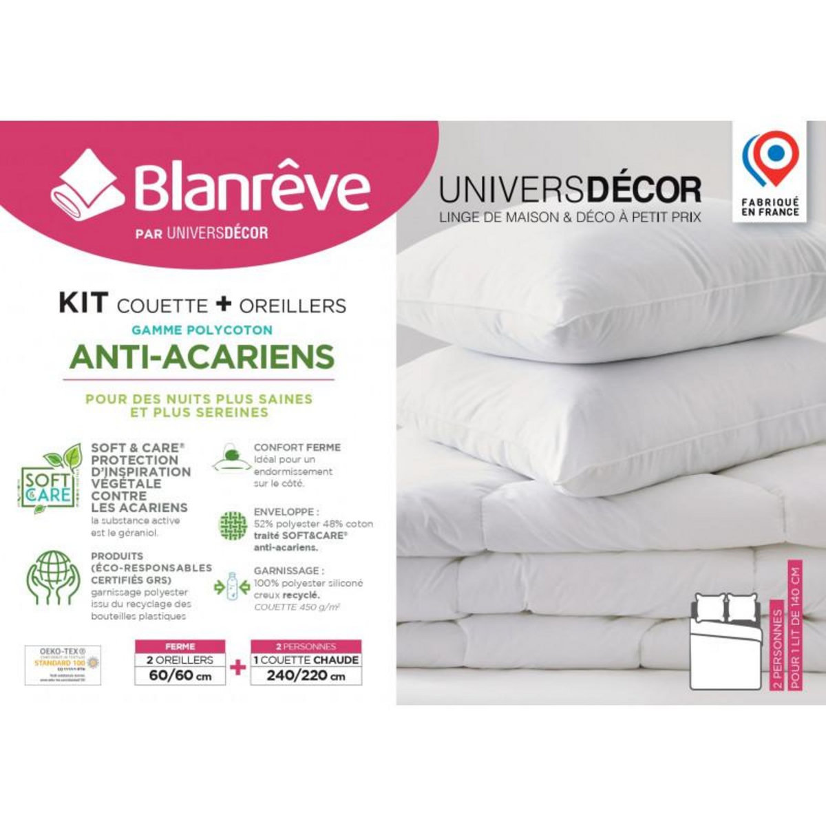 BLANREVE Pack Couette Blanrêve très chaude 240 x 220 + 2 Oreillers 60 x 60  Confort  traité Anti Acarien Soft & care