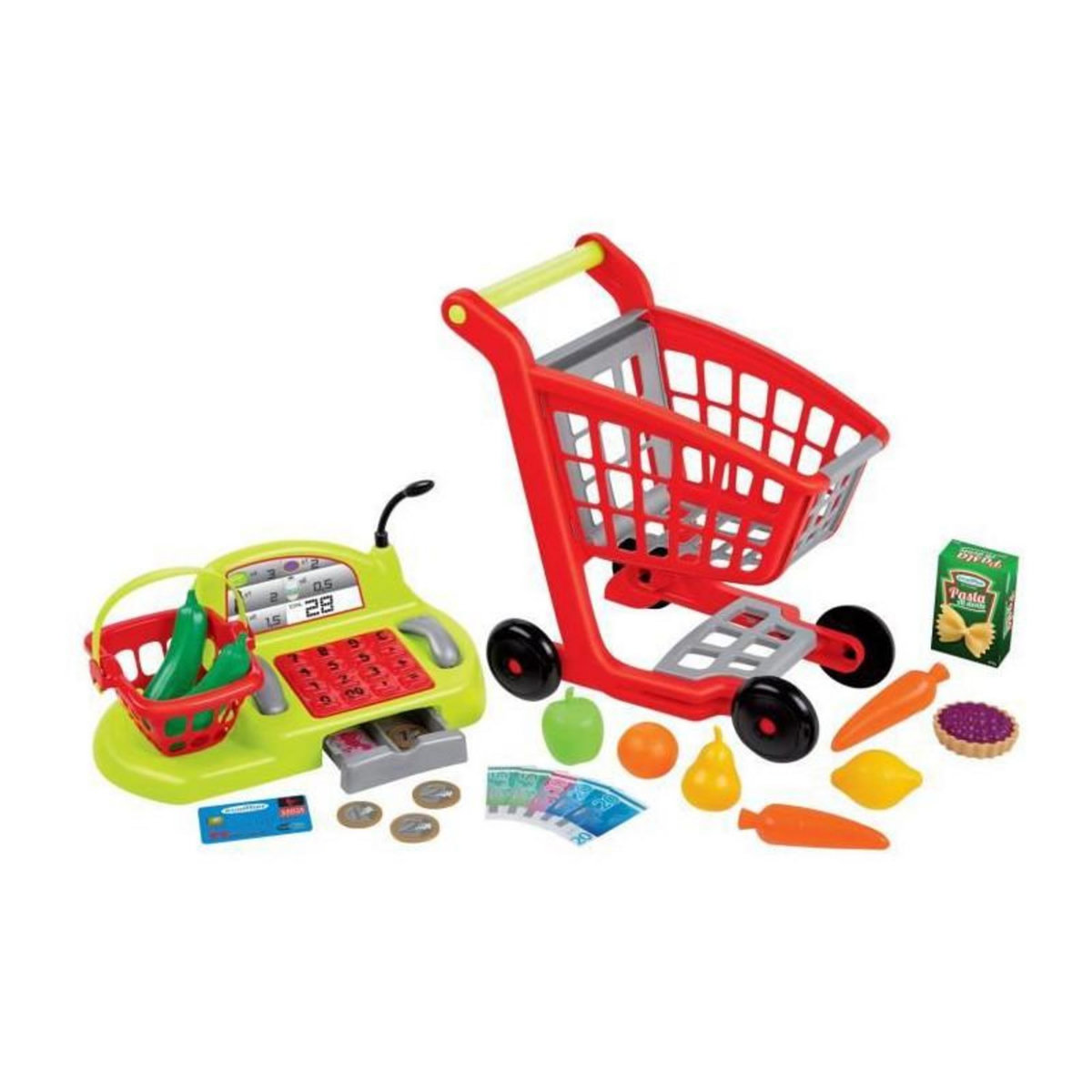 Épicerie En Bois COSTWAY Pour Enfants – 39 Accessoires, Lumières LED, Chariot, Caisse Enregistreuse, Tableau Noir – Idéal Dès 3 Ans