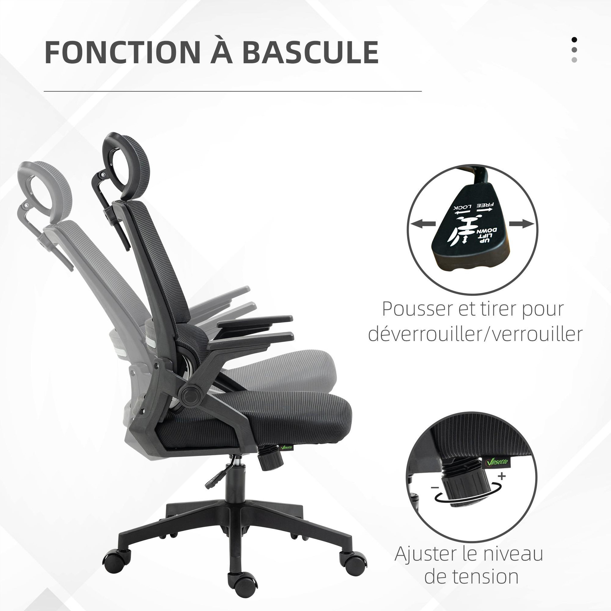 Voir la diapositive 5 : VINSETTO Chaise de bureau ergonomique réglable inclinable pivotante maille polyester noir