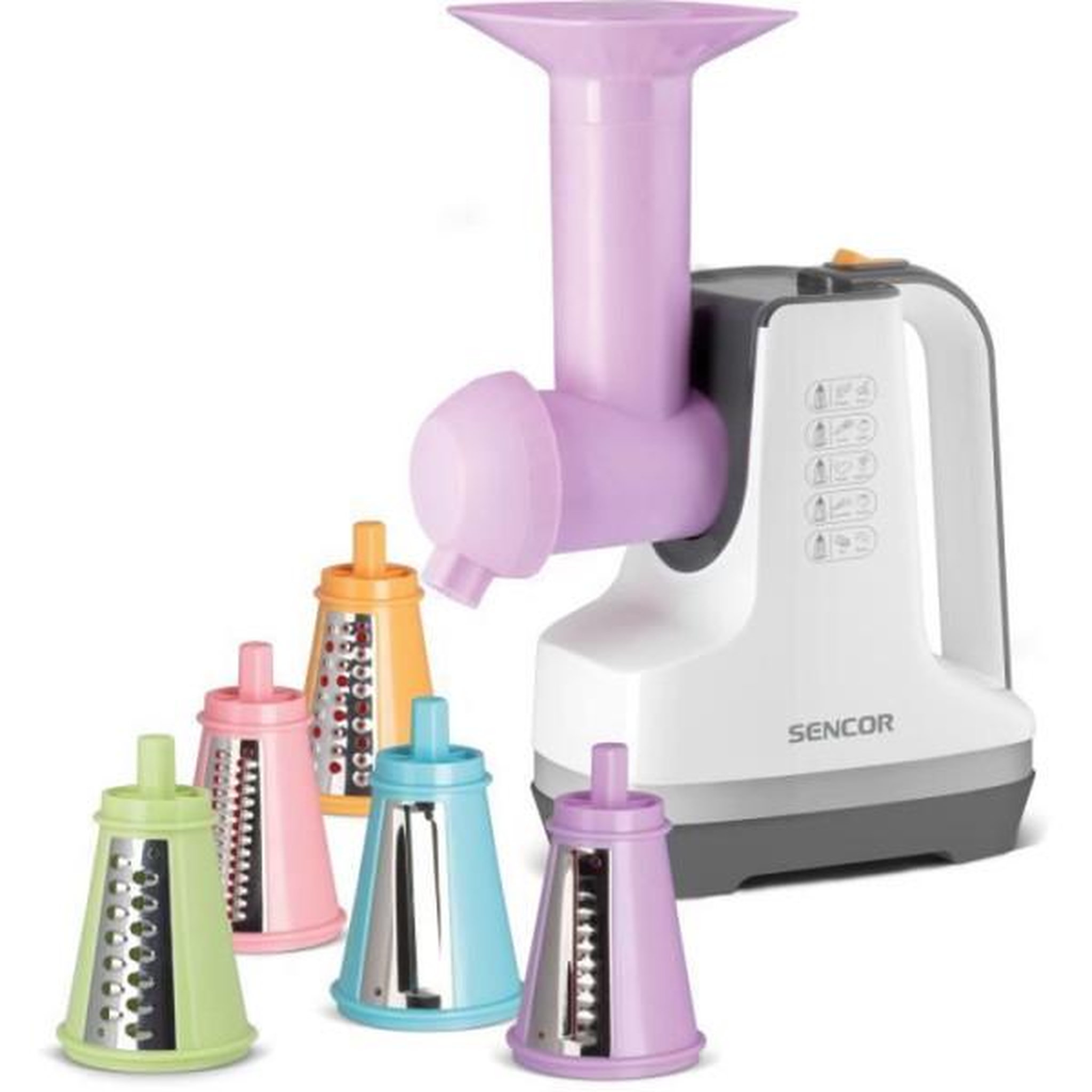 Voir la diapositive 2 : MARKET24 Trancheuse Découpe légumes et sorbétiere - SENCOR - SSG 4500WH - 150 W - 6 accessoires - Blanc