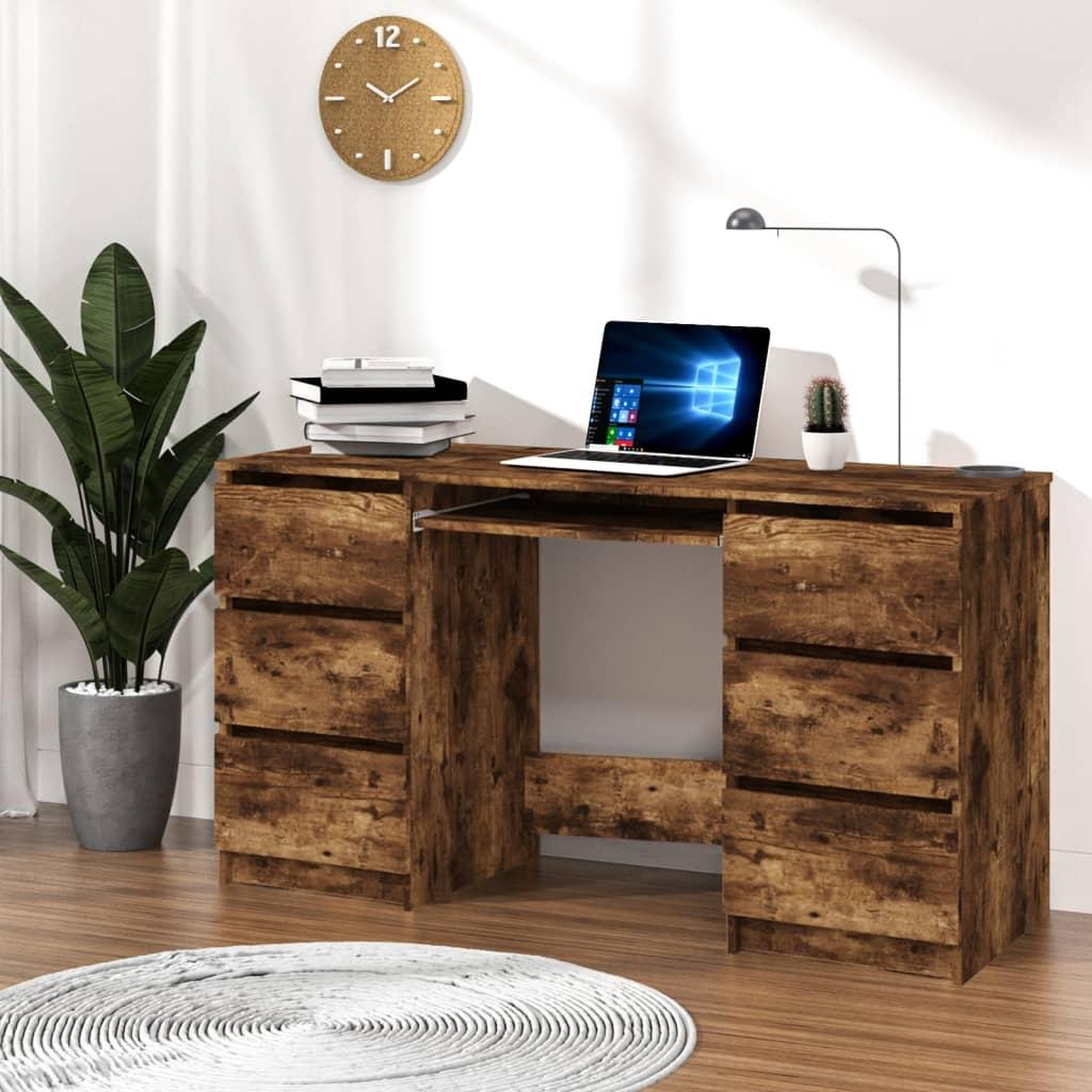 Voir la diapositive 1 : VIDAXL Bureau Chene fume 140x50x77 cm Bois d'ingenierie