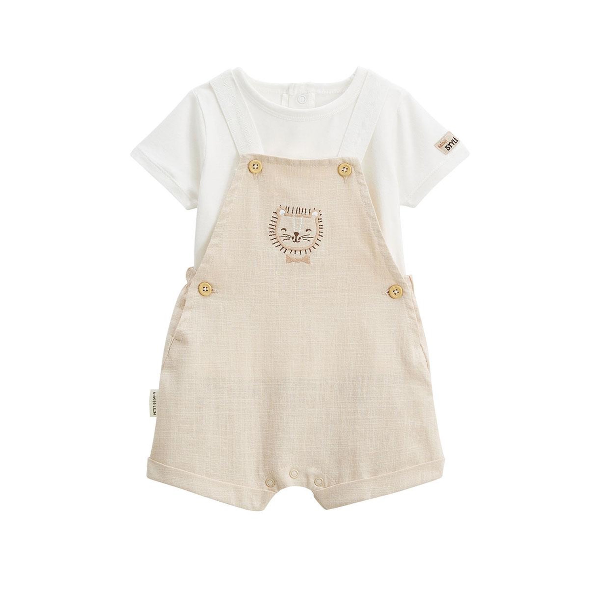 Petit Béguin Ensemble salopette bébé et t-shirt auguste. Coloris disponibles : Beige