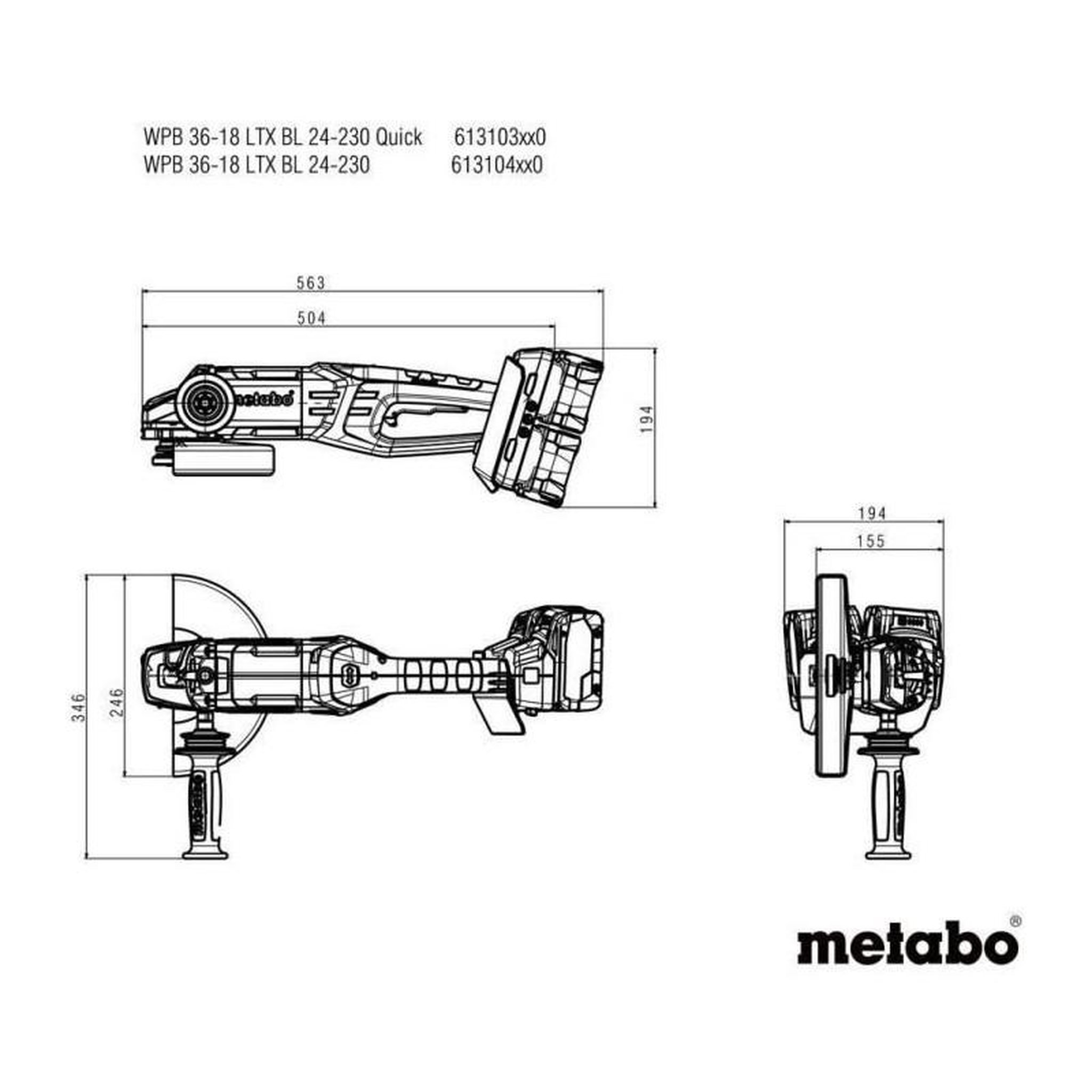 Voir la diapositive 5 : METABO Meuleuse d'angle sans fil - METABO - WPB 36-18 LTX BL 24-230 Quick - 18 V - Découpe béton - 77 mm