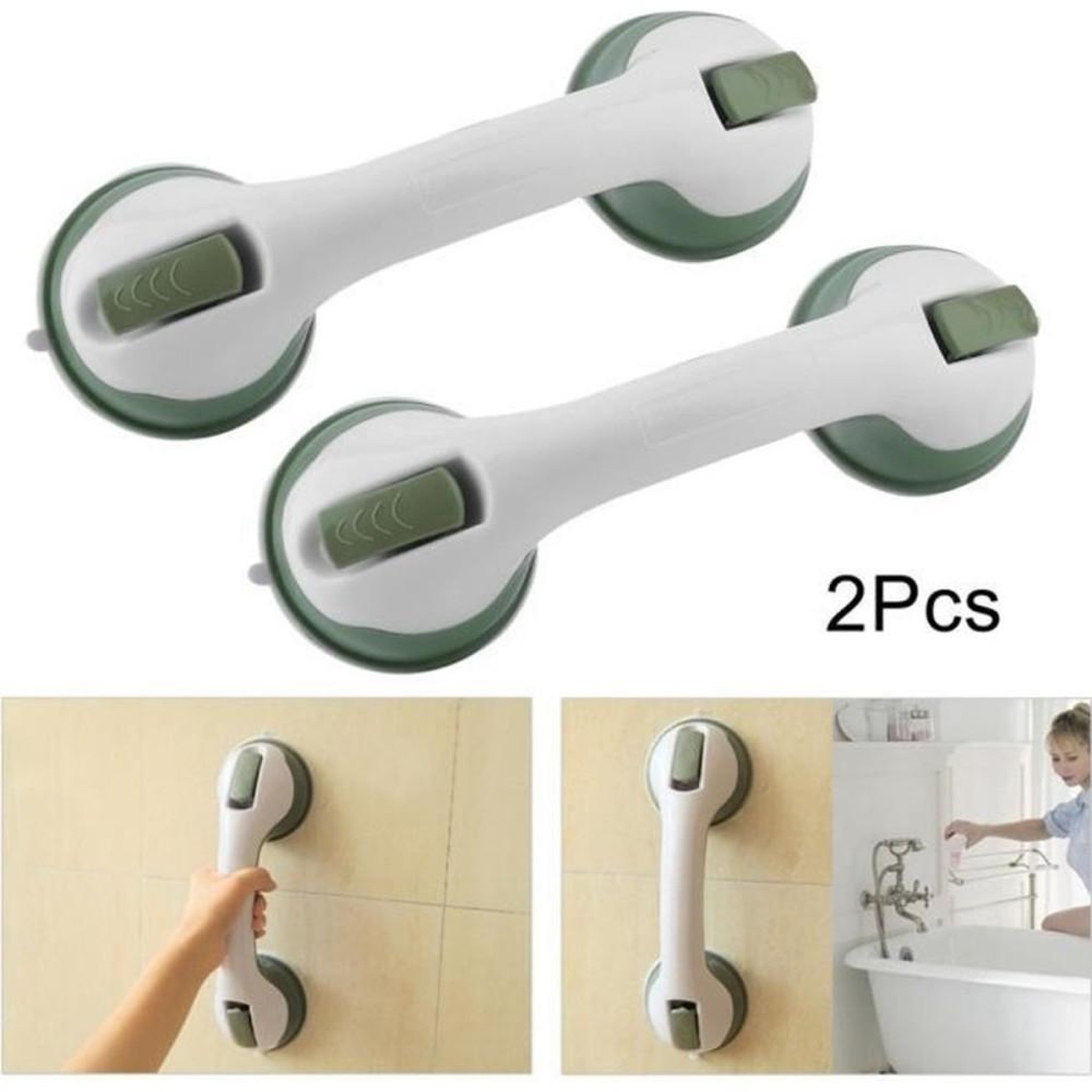 Barre d'appui salle de bain avec ventouses 2 pièces pour baignoire et douche, blanc et vert