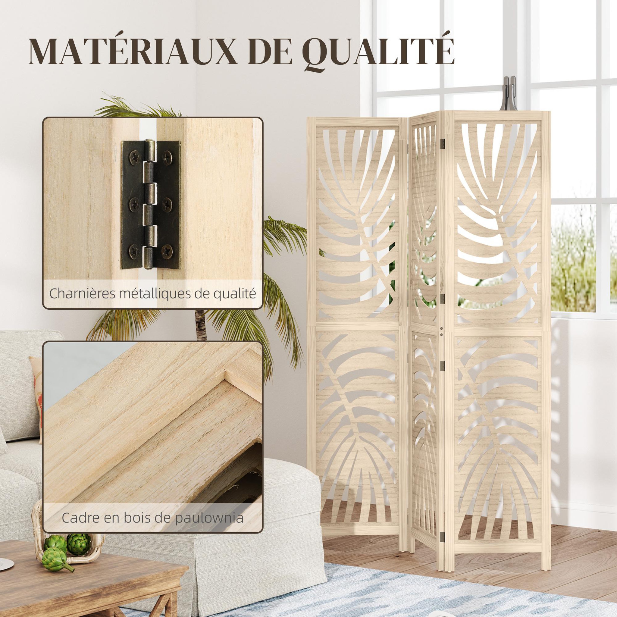 Voir la diapositive 6 : HOMCOM Paravent interieur 4 panneaux style exotique - séparateur pliable ajustable 2 parties - bois ajouré feuilles