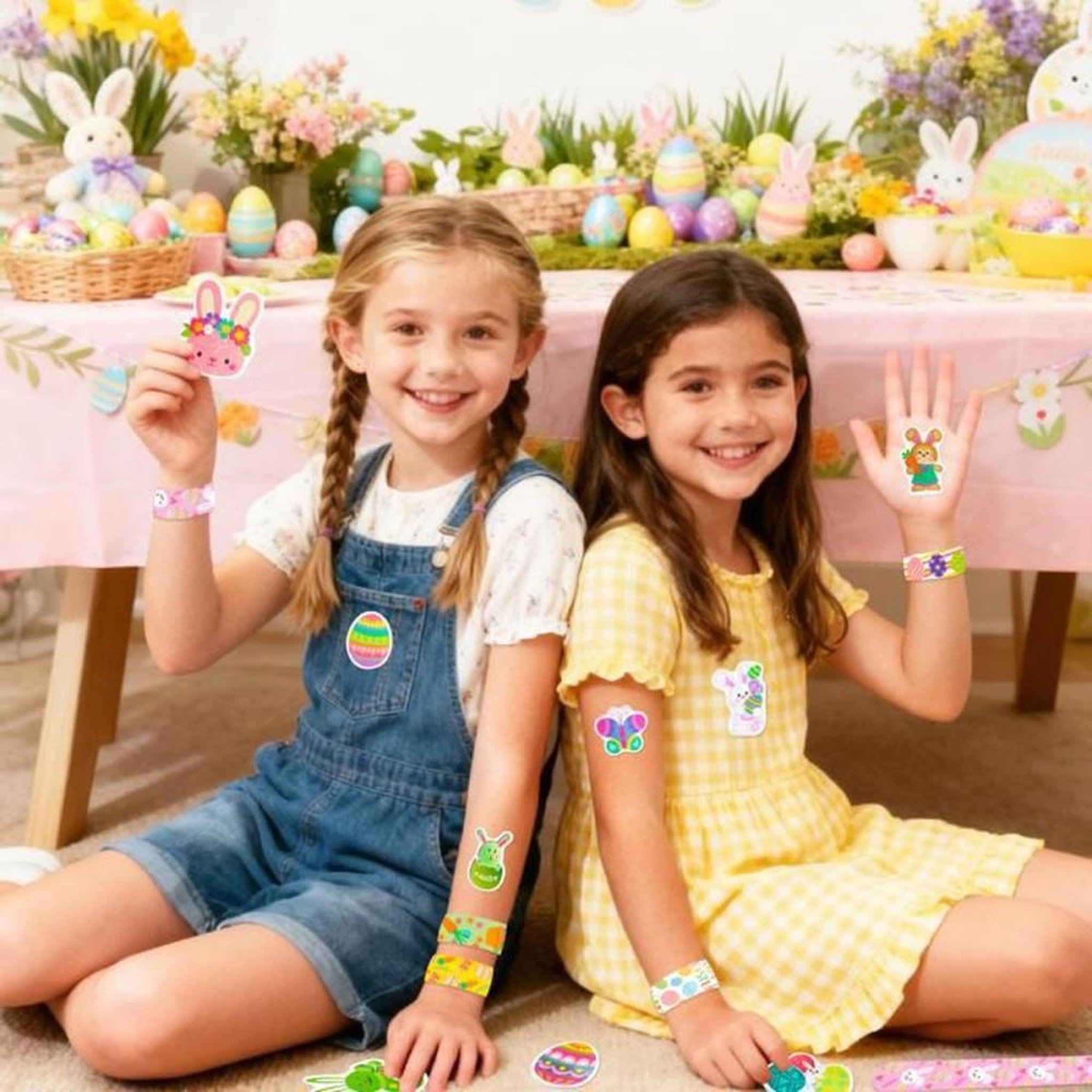 Voir la diapositive 4 : Set de stickers de Pâques multicolores pour enfants, motifs variés œufs lapins paniers fleurs, autocollants et bandes à claquer, tailles 3 à 22,2 cm