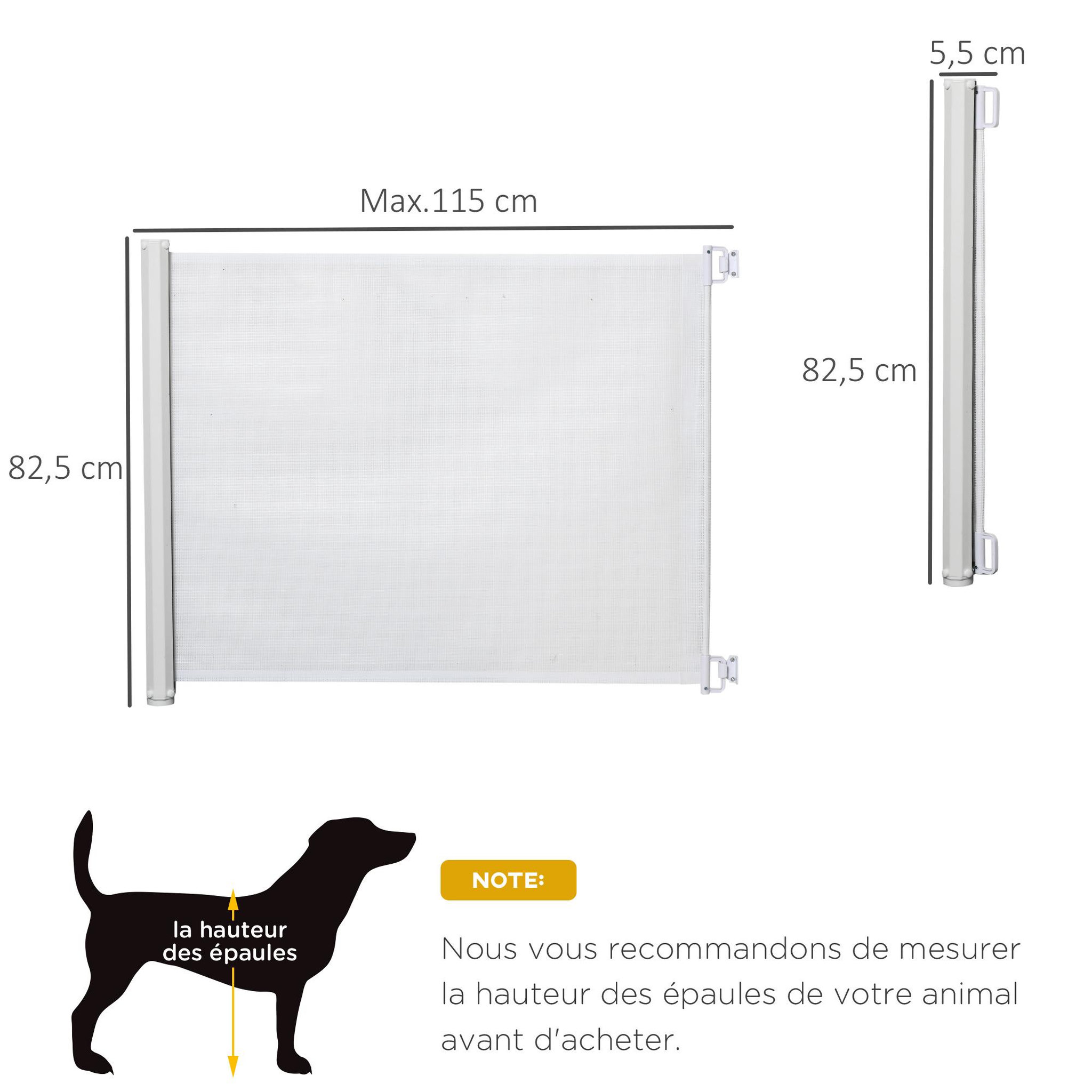 Voir la diapositive 3 : PAWHUT Barrière de sécurité barrière animaux rétractable automatique 1,15l x 0,83h m teslin métal blanc