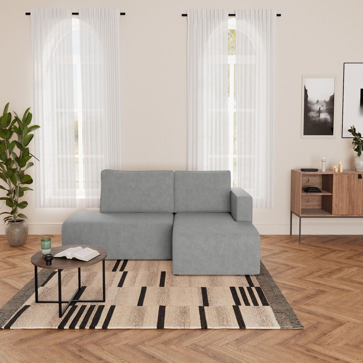 BEST MOBILIER Topaze - canapé d'angle droit 4 places convertible avec coffre en velours côtelé