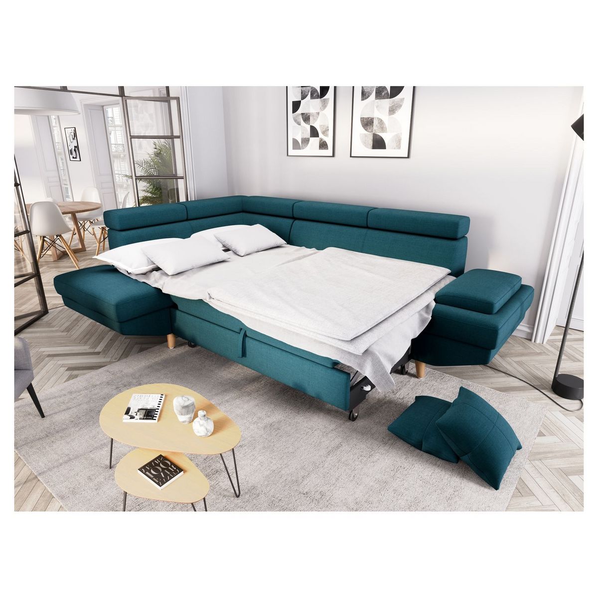 Canapé d'angle gauche convertible 5 places tissu pieds bois clair MARIUS 