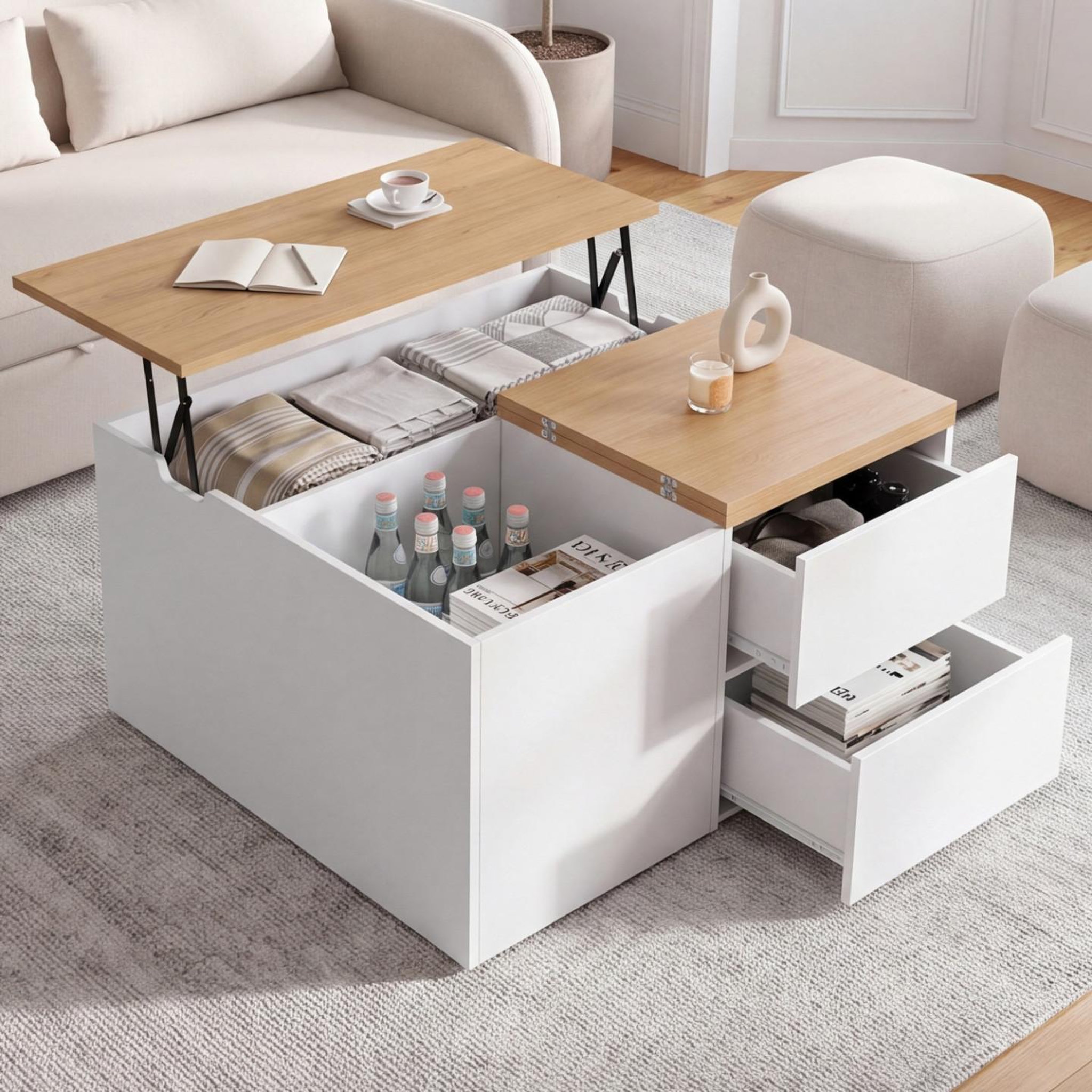 Voir la diapositive 2 : ID MARKET Table basse plateau relevable carrée CALIA 80 cm avec 2 coffres et 2 tiroirs blanc et bois
