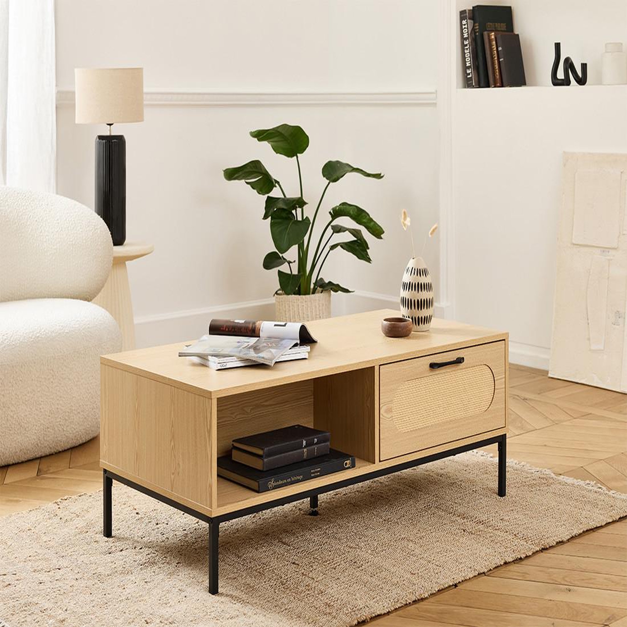 BEST MOBILIER Nagato - table basse - cannage et effet bois - 1 tiroir et 1 niche - 110 cm. Coloris disponibles : Marron