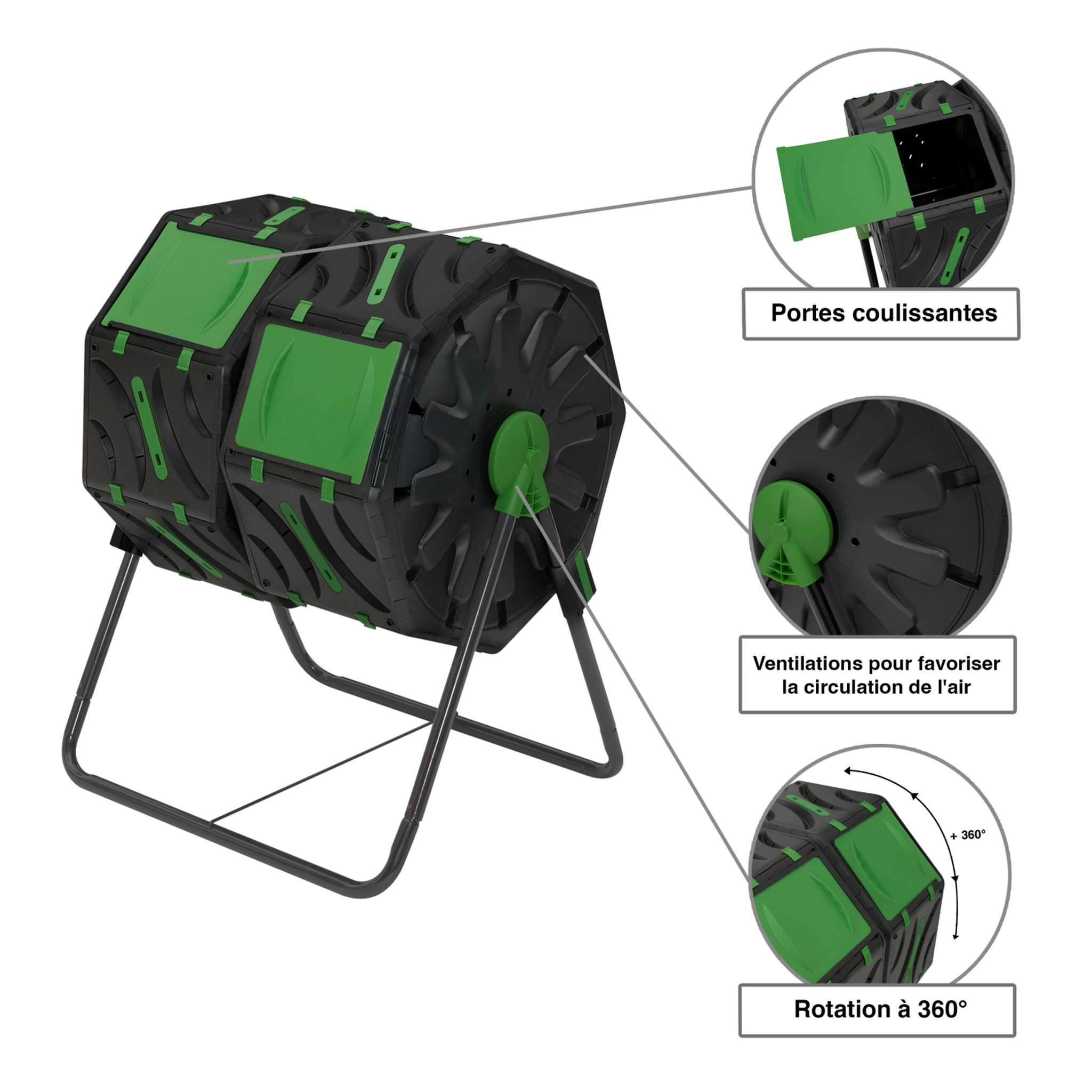 Voir la diapositive 4 : ID MARKET Bac de compostage rotatif double bac 140l