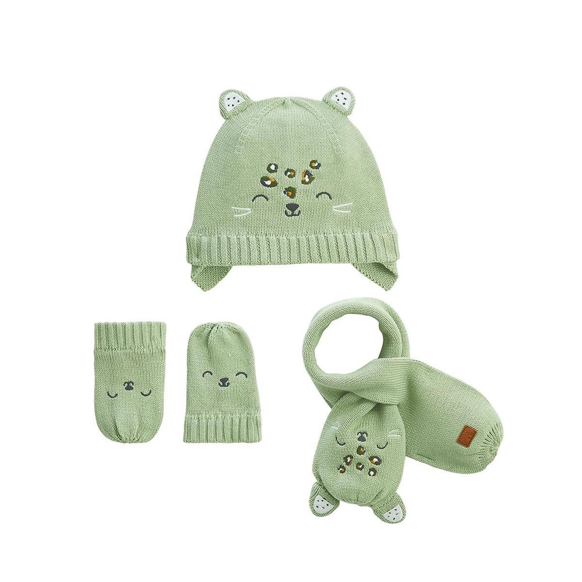 Petit Béguin Ensemble bonnet, moufles et écharpe bébé en tricot Boavista